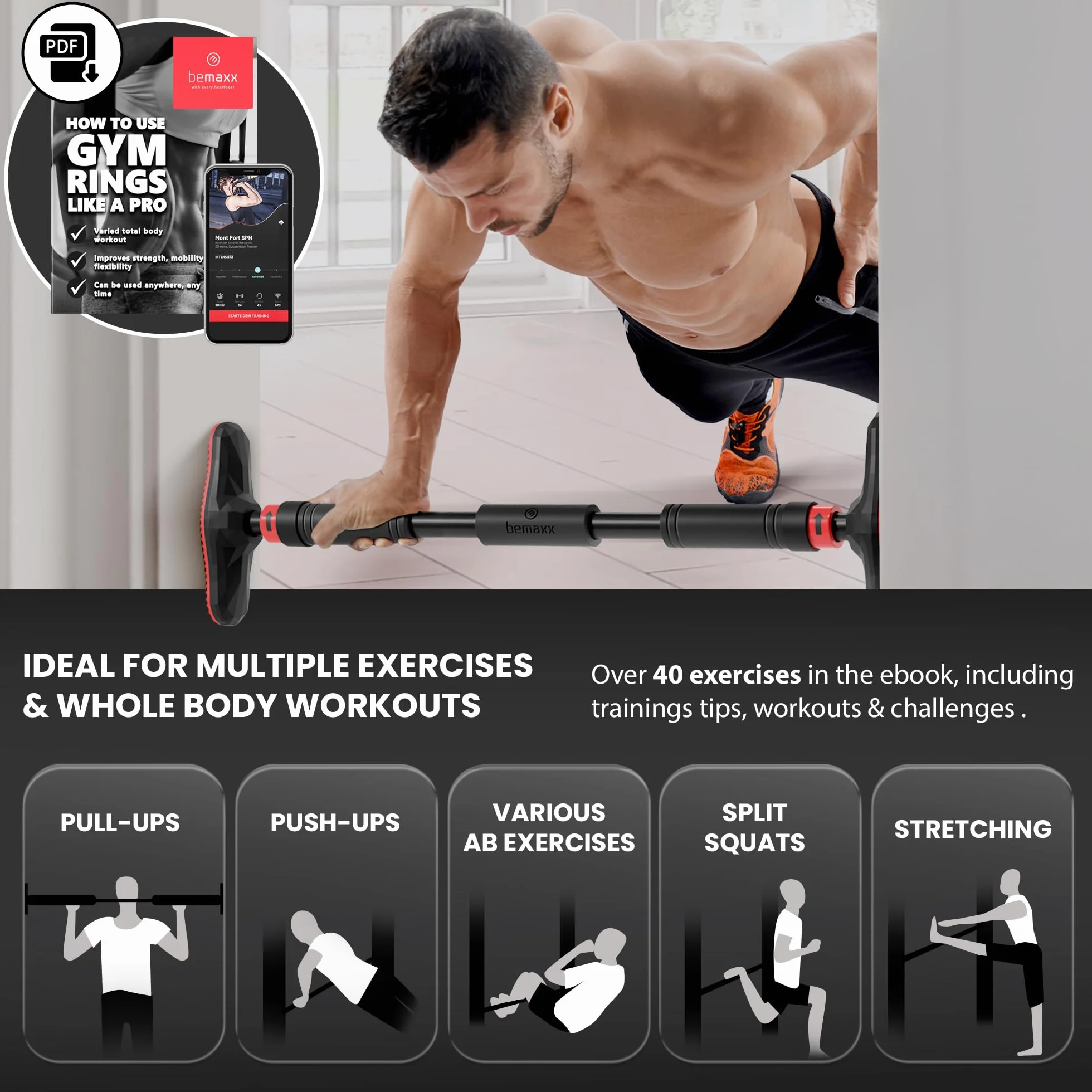 Drążek do podciągania do ramy drzwi bez śrub/wiercenia + eBook szkoleniowy - Profesjonalne Trening Pull Up Bar, wyściełane uchwyty | do powieszenia w drzwiach domu, Fitness Sport Gym