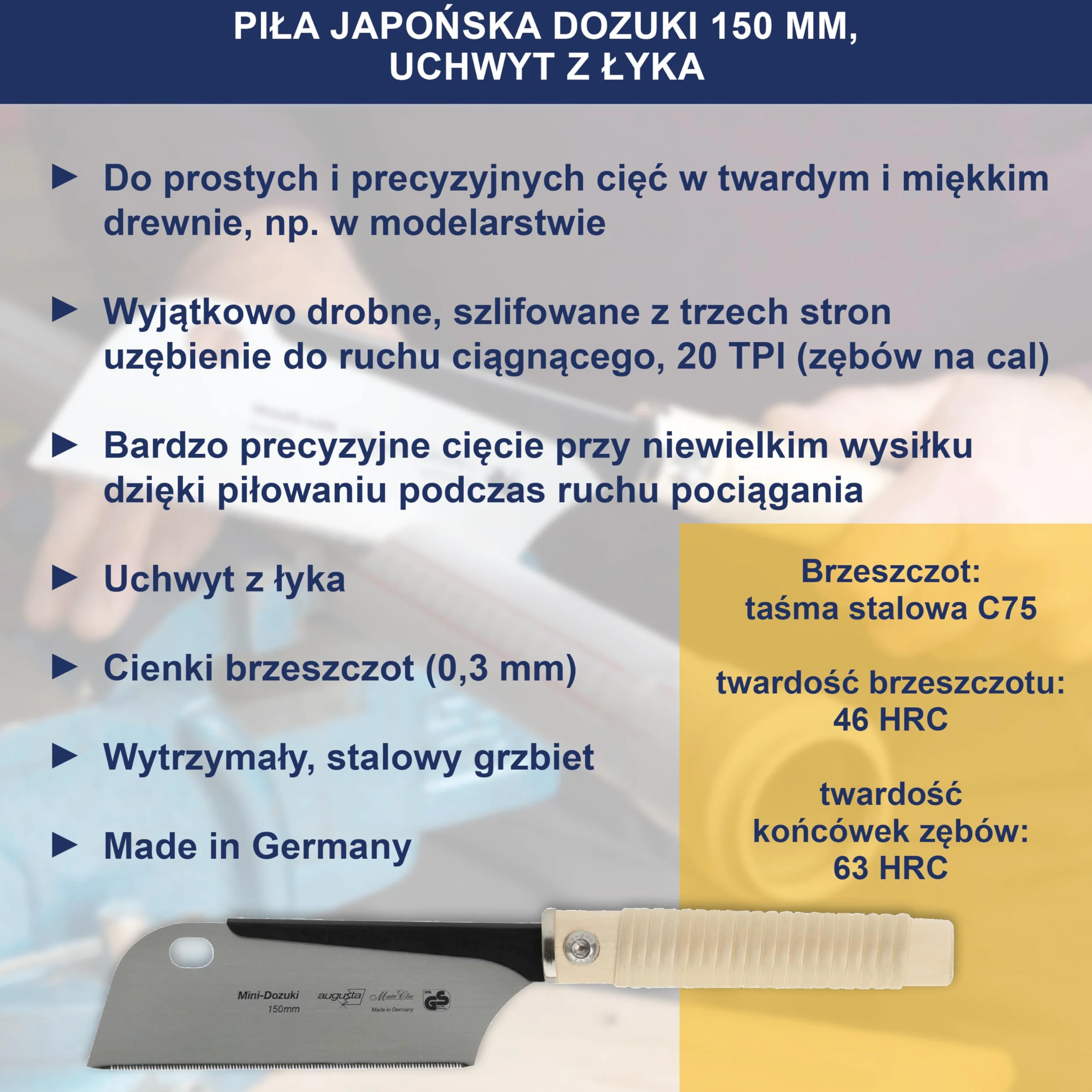 Augusta piła japońska Dozuki 240 mm stalowy grzbiet trójstronny szlif diamentowy precyzyjne cięcie drewna