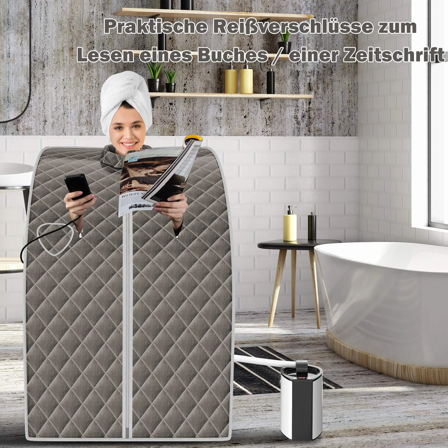 Sauna parowa Costway 3 l z pilotem, regulacja czasu i temperatury, składane krzesło w zestawie