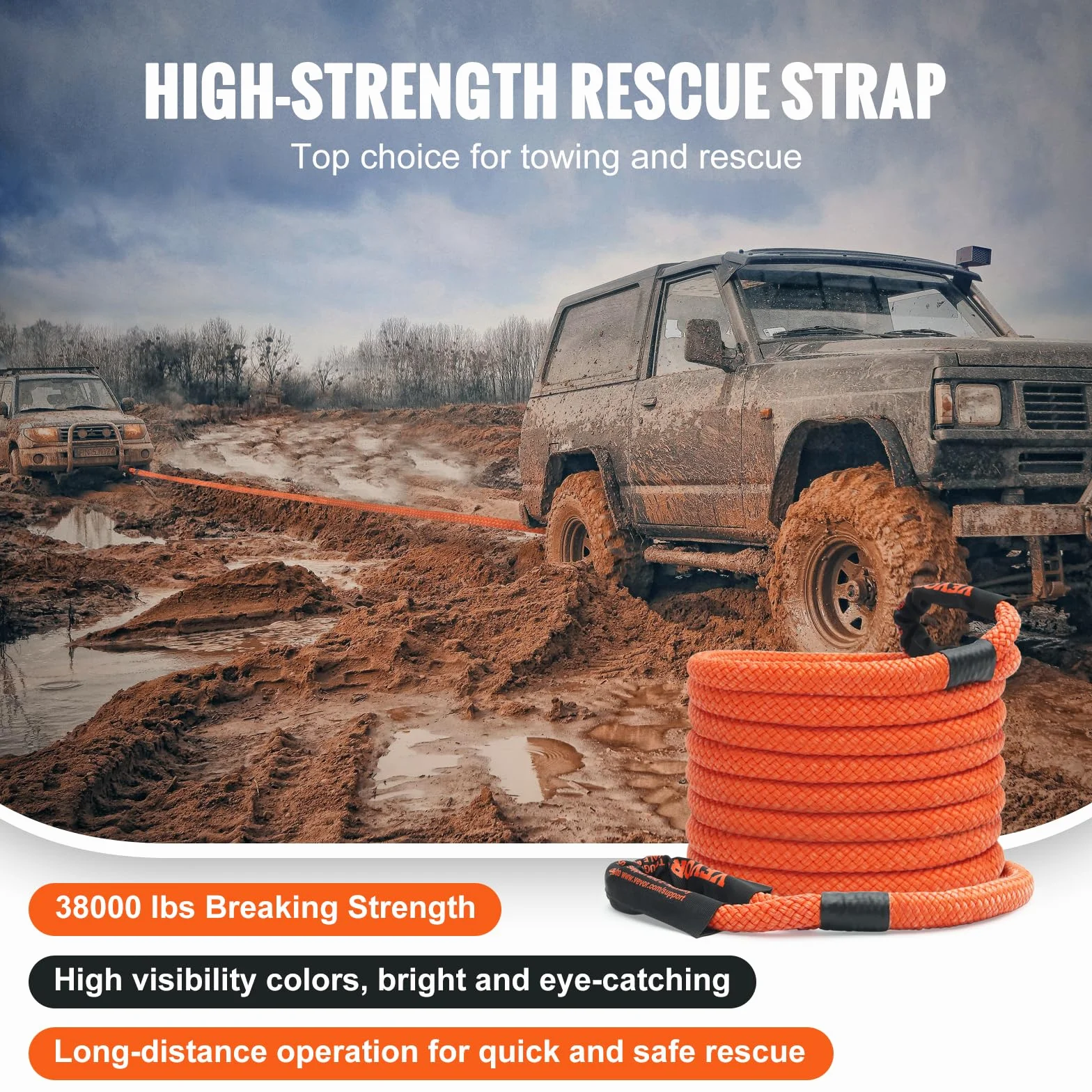 VEVOR 25 mm x 9 m lina holownicza 17237 kg, pas holowniczy offroad