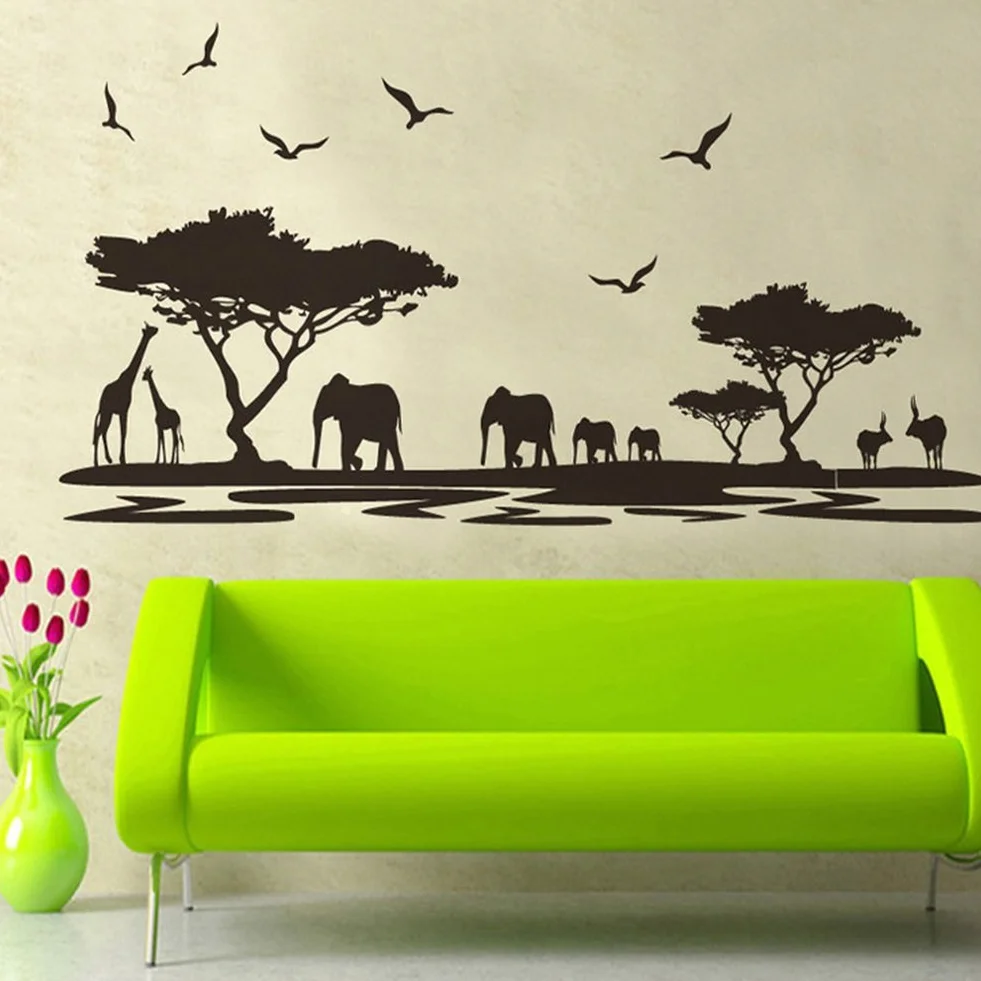 WandSticker4U® - Naklejki ścienne LA SAVANA w kolorze czarnym (160x75 cm) I naklejka ścienna zwierzęta safari afryka krajobraz słoń żyrafa I Deco do salonu, sypialni, kuchni, korytarza, dla dorosłych,