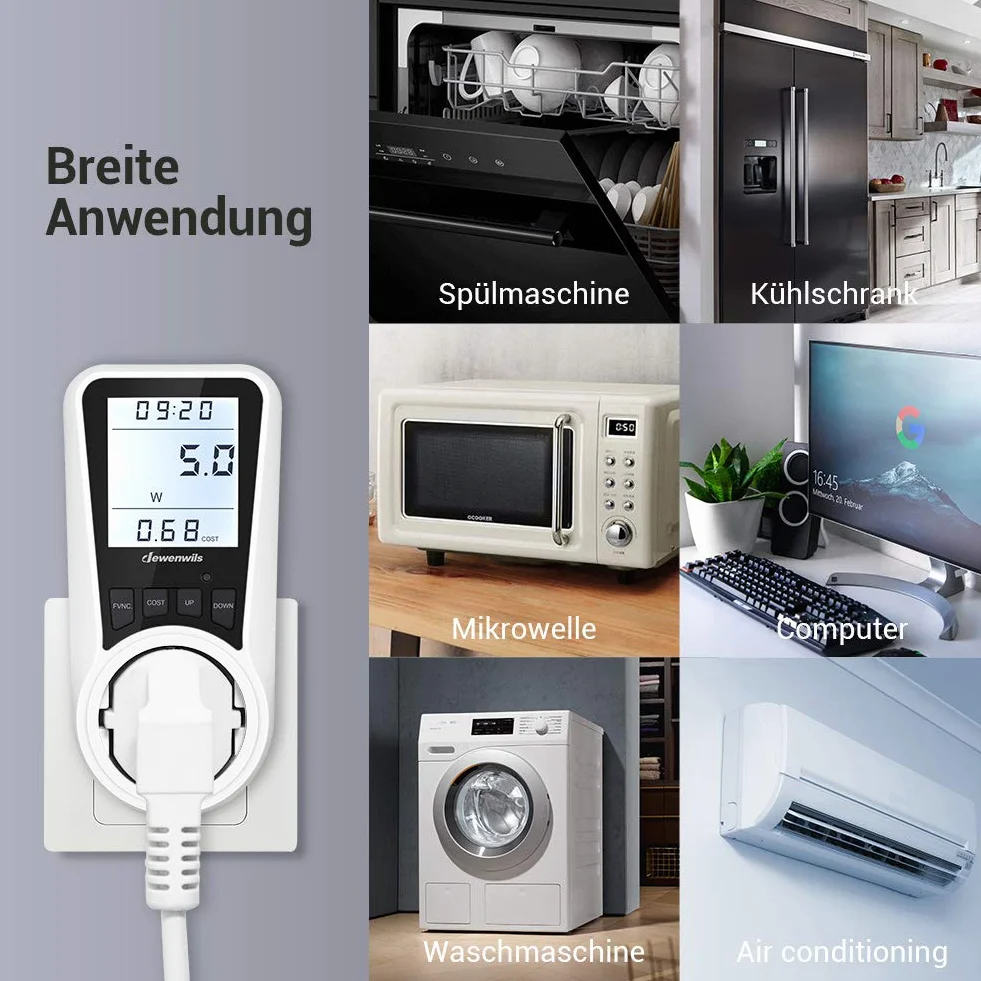 DEWENWILS Miernik energii elektrycznej do gniazda, 7 trybów, LCD, ochrona przed przeciążeniem