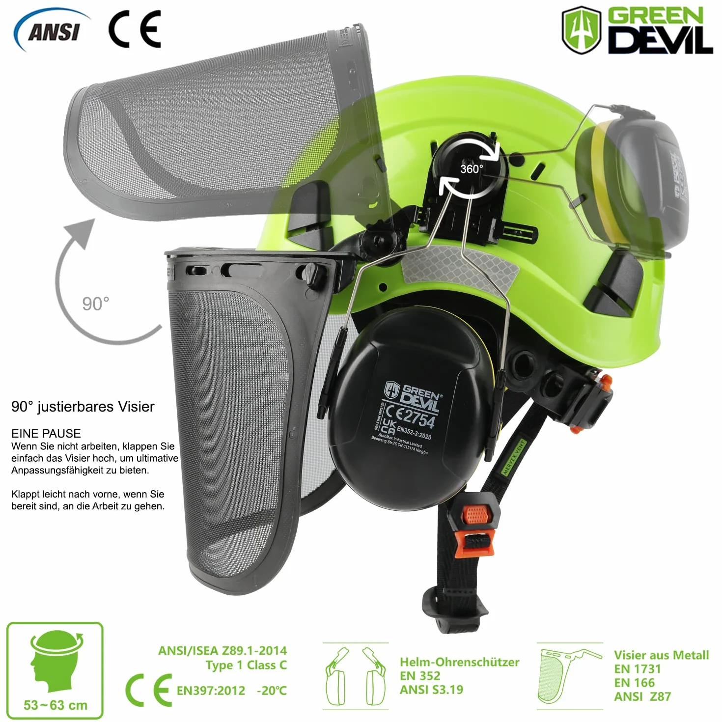 GREEN DEVIL Kask ochronny z piłą łańcuchową 3 w 1, ochrona słuchu i twarzy, EN397 EN 352-3