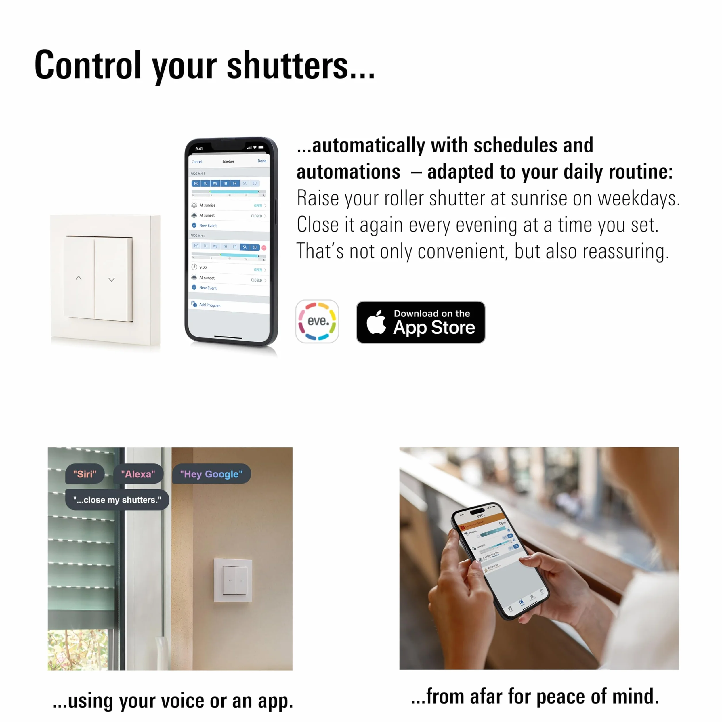 Eve Shutter Switch - inteligentne sterowanie roletą (mat) do Alexa, Apple Home;Google Home;SmartThings; Home Assistant; sterowanie aplikacją i głosem; automatyzacja; wymaga routera granicznego i