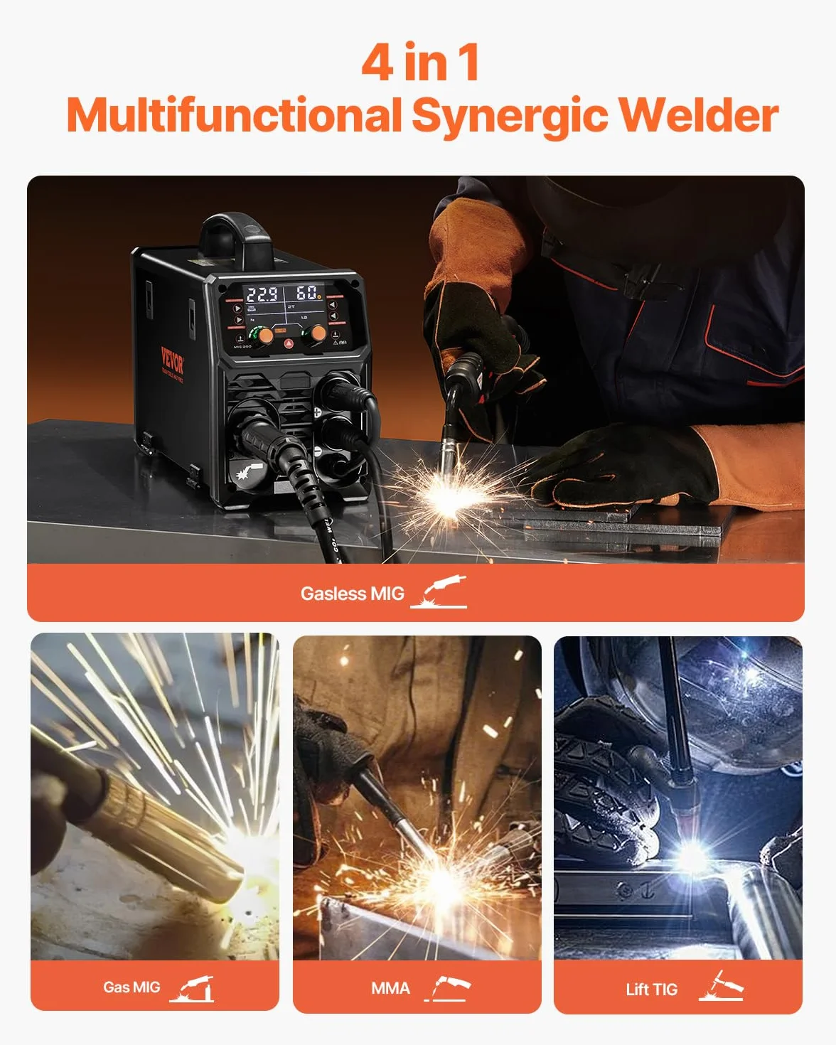 VEVOR Spawarka MIG 200 A Synergiczna 4 w 1 MMA Lift TIG Inwerter IGBT Wyświetlacz LCD