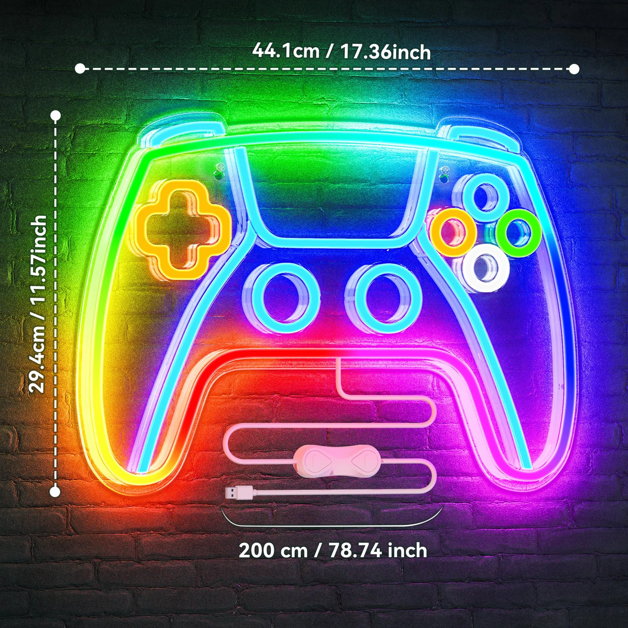 Neonowy znak gamingowy Kosker KO-P5273 LED RGB, dekoracja ścienna w kształcie gamepada, 9 świateł