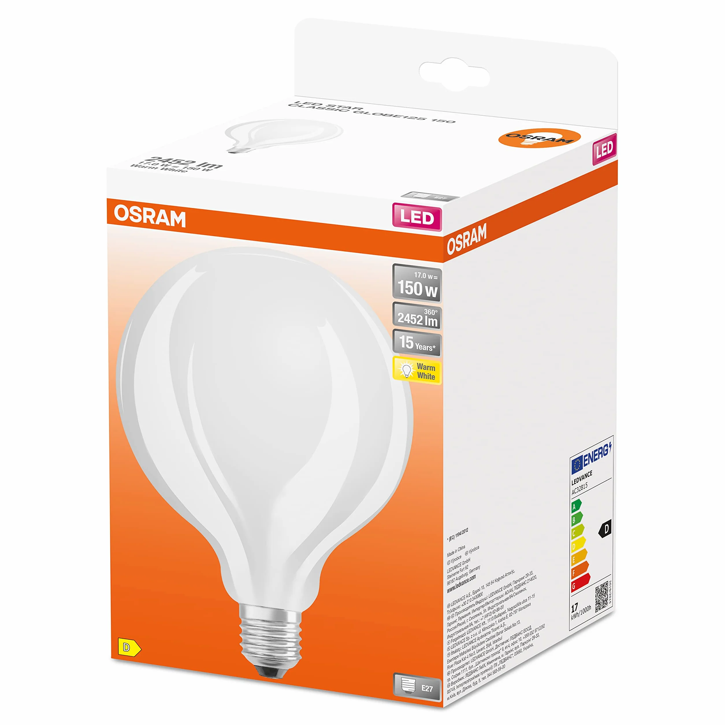 OSRAM LED Star GLOBE125, matowy żarnik LED 125mm E27 2700K 2452 lumenów zamiennik 150W