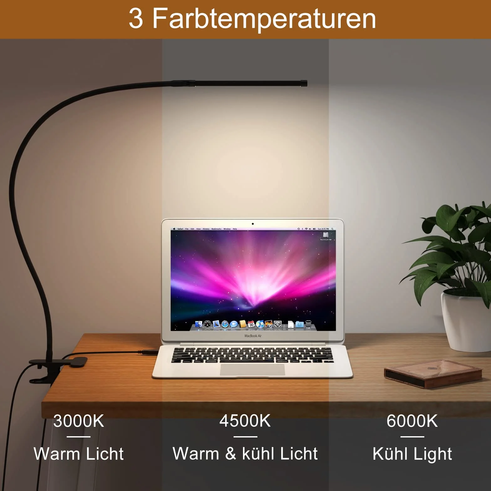 iZELL 77 LED Lampa biurkowa 70 cm z zaciskiem, 3 kolory, 10 poziomów jasności, 360° elastyczna, USB