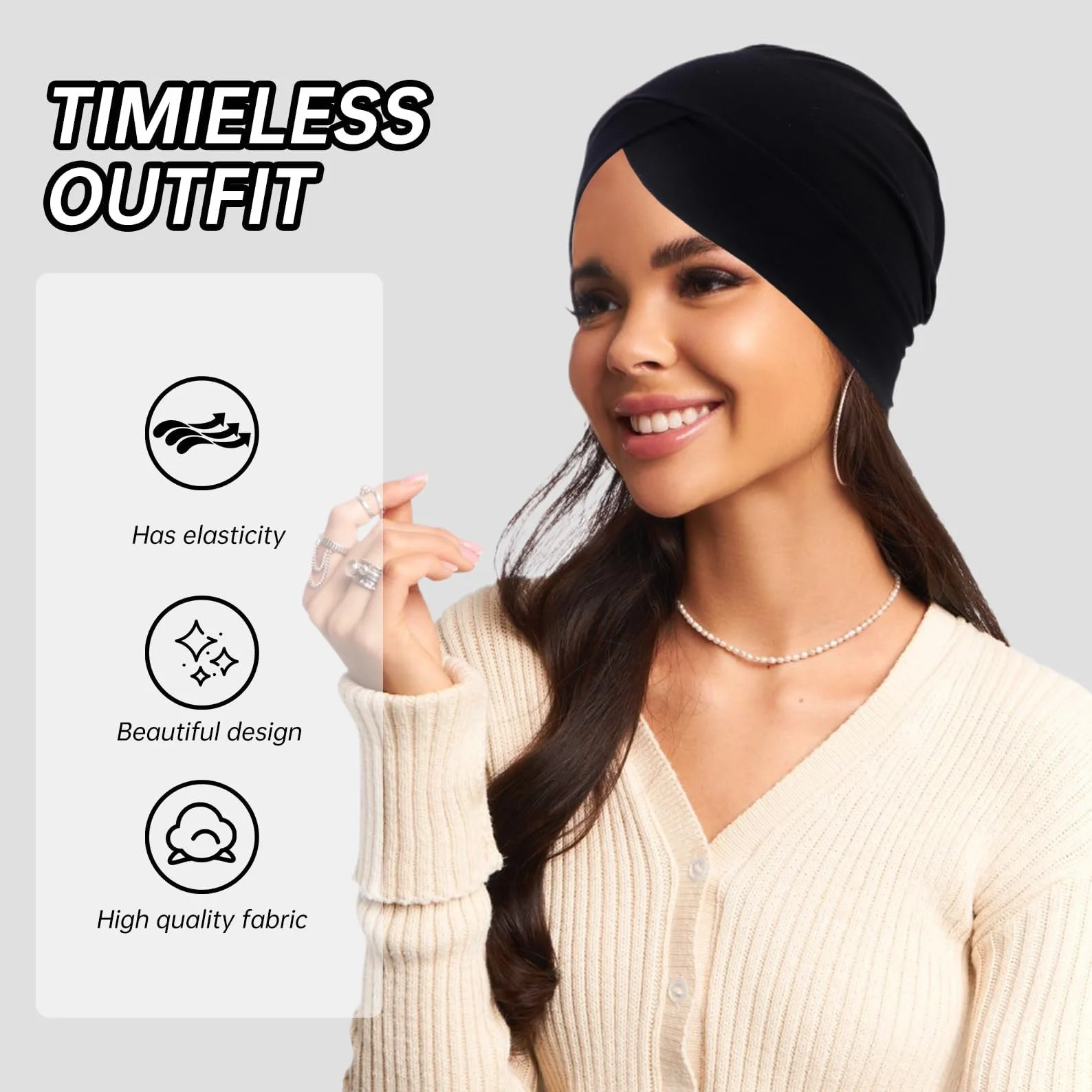 Czarny damski turban, jednokolorowy, regulowany kolor, turban z plisowanego materiału, elastyczny kaptur crossover, okrągły kapelusz turbanowy, dla kobiet, długie, krótkie włosy