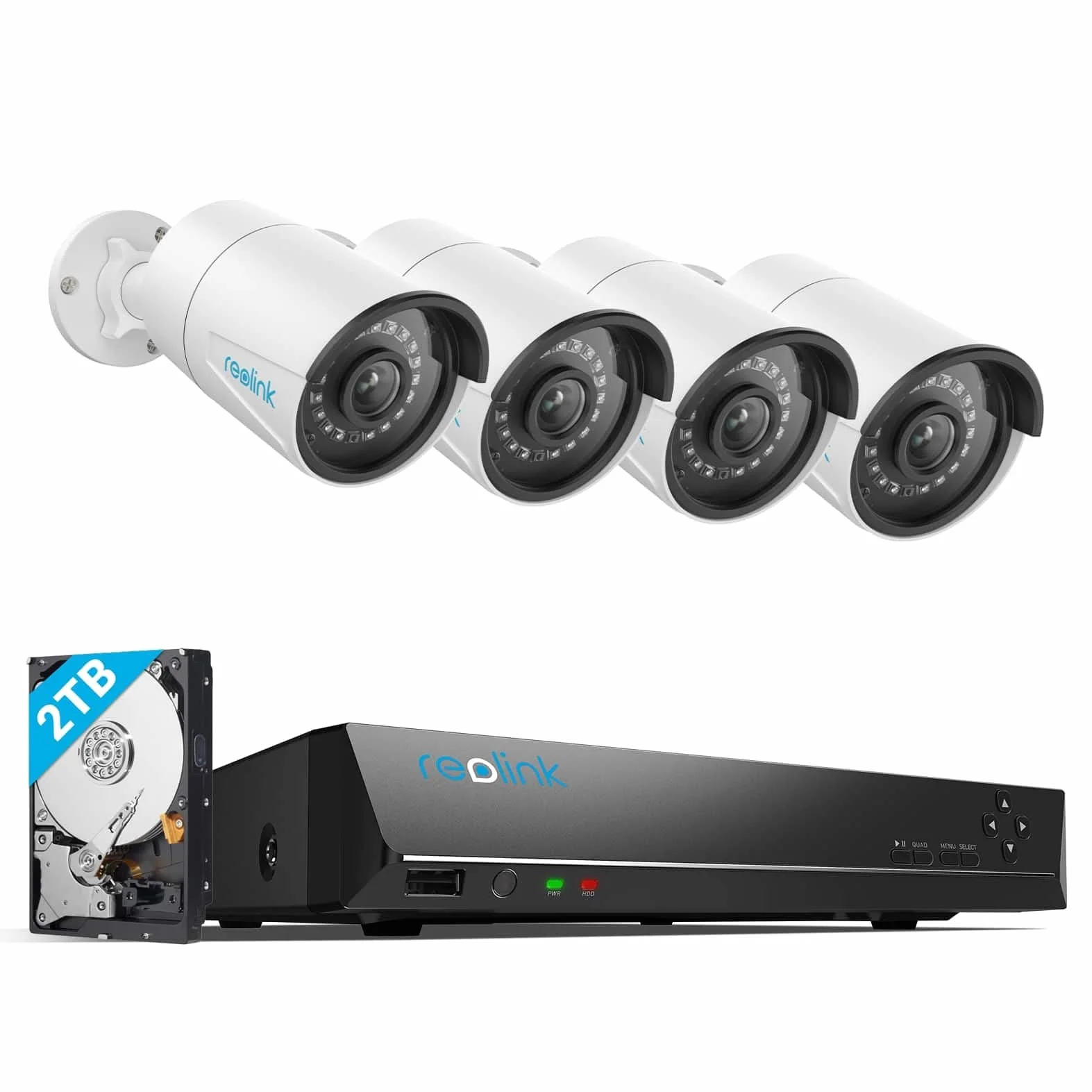 Zestaw Reolink 5MP PoE, 8-kanałowy NVR 2TB z 4 kamerami 5MP, nocne widzenie 30m, wykrywanie osób/pojazdów, nagrywanie 24/7, RLK8-410B4-5MP-A