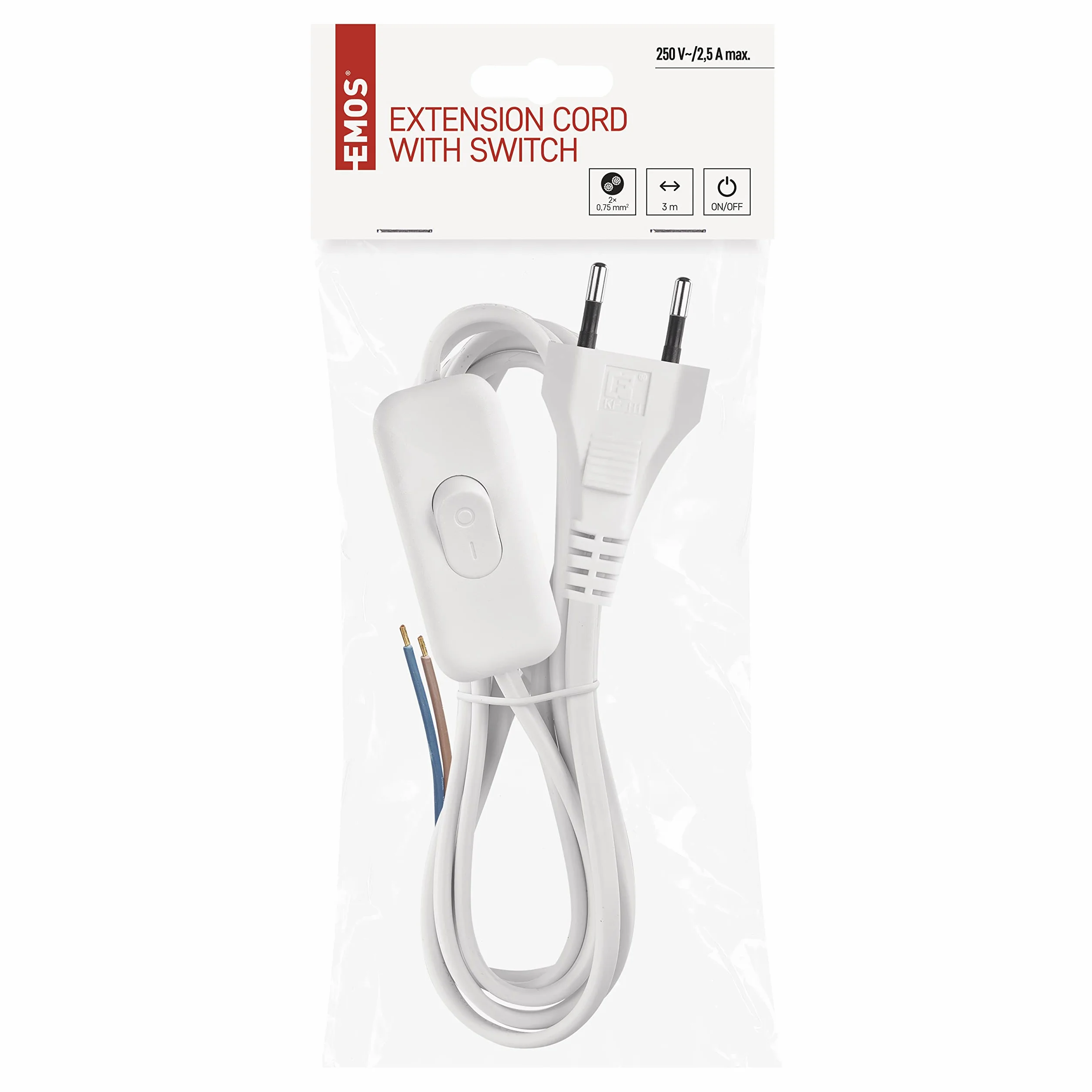 EMOS S08273 Kabel Sieciowy/Kabel Zasilający/Kabel Zamienny/Kabel Przyłączeniowy Z Wyłącznikiem, 3 M, Wtyczka Euro, Do Lamp, Opraw Oświetleniowych, Żarówek, Biały