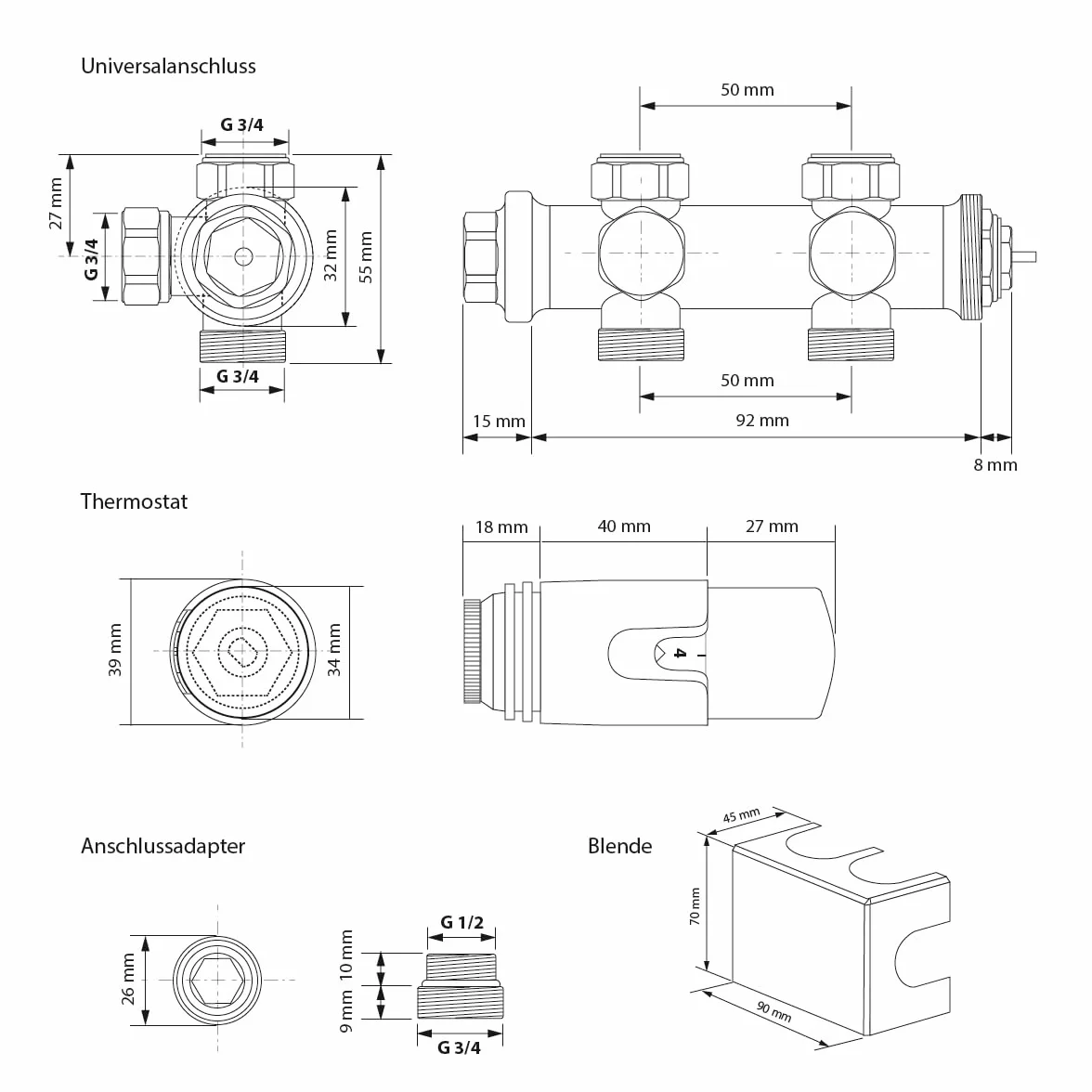 ECD Germany Grzejnik płytowy Design Stella 260 x 1400 mm biały z przyłączem środkowym zestawem termostatem płaski pionowy