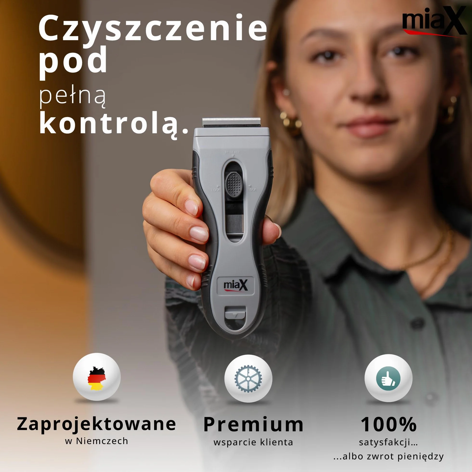 MiaX Premium Skrobak do Płyty Ceramicznej 2.0 – Ergonomiczny skrobak do szkła i płyt grzewczych z 8 wzmocnionymi ostrzami zapasowymi