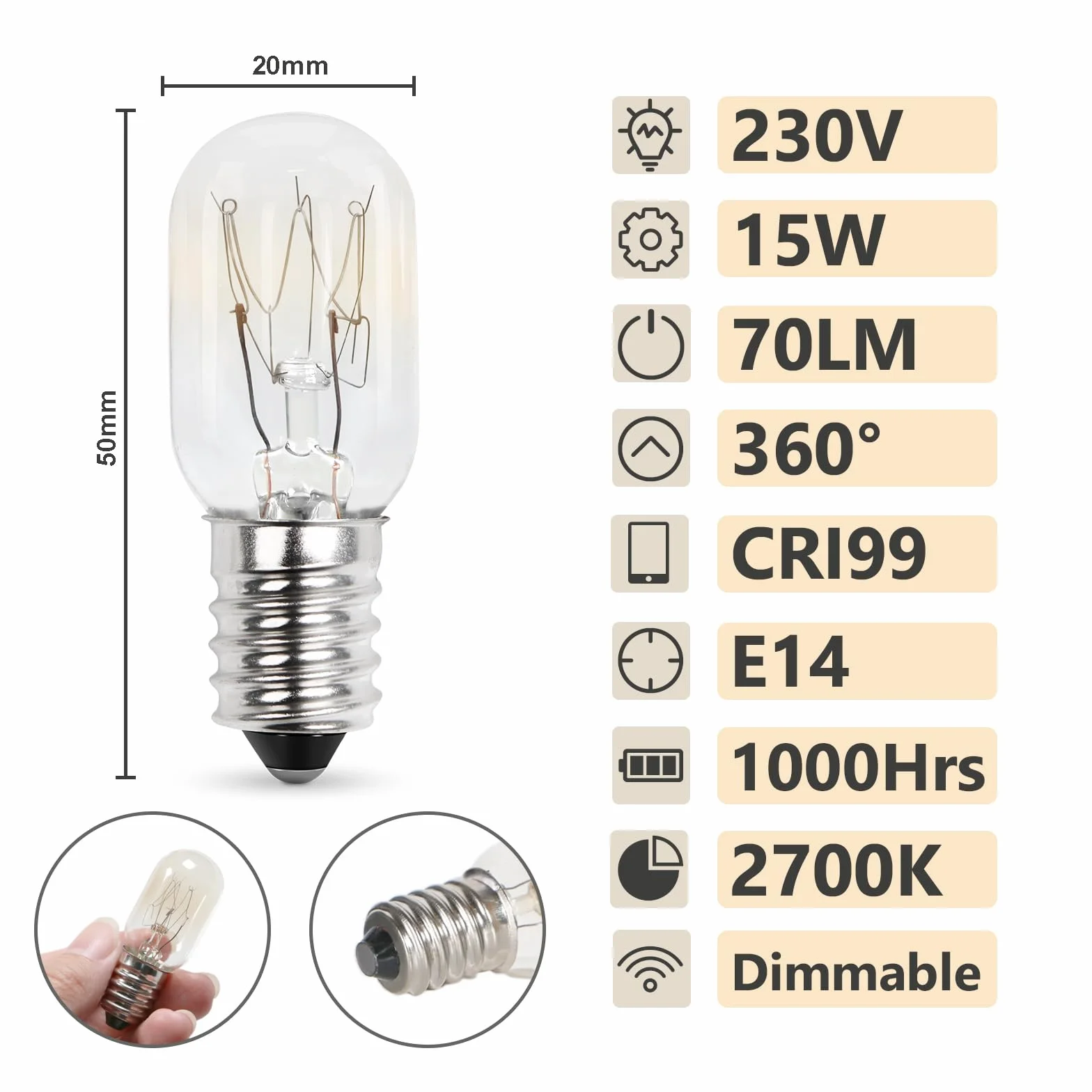 Lampa do lodówki 15W E14 T20 2700K ciepła biel 230V ściemnialna 2 sztuki