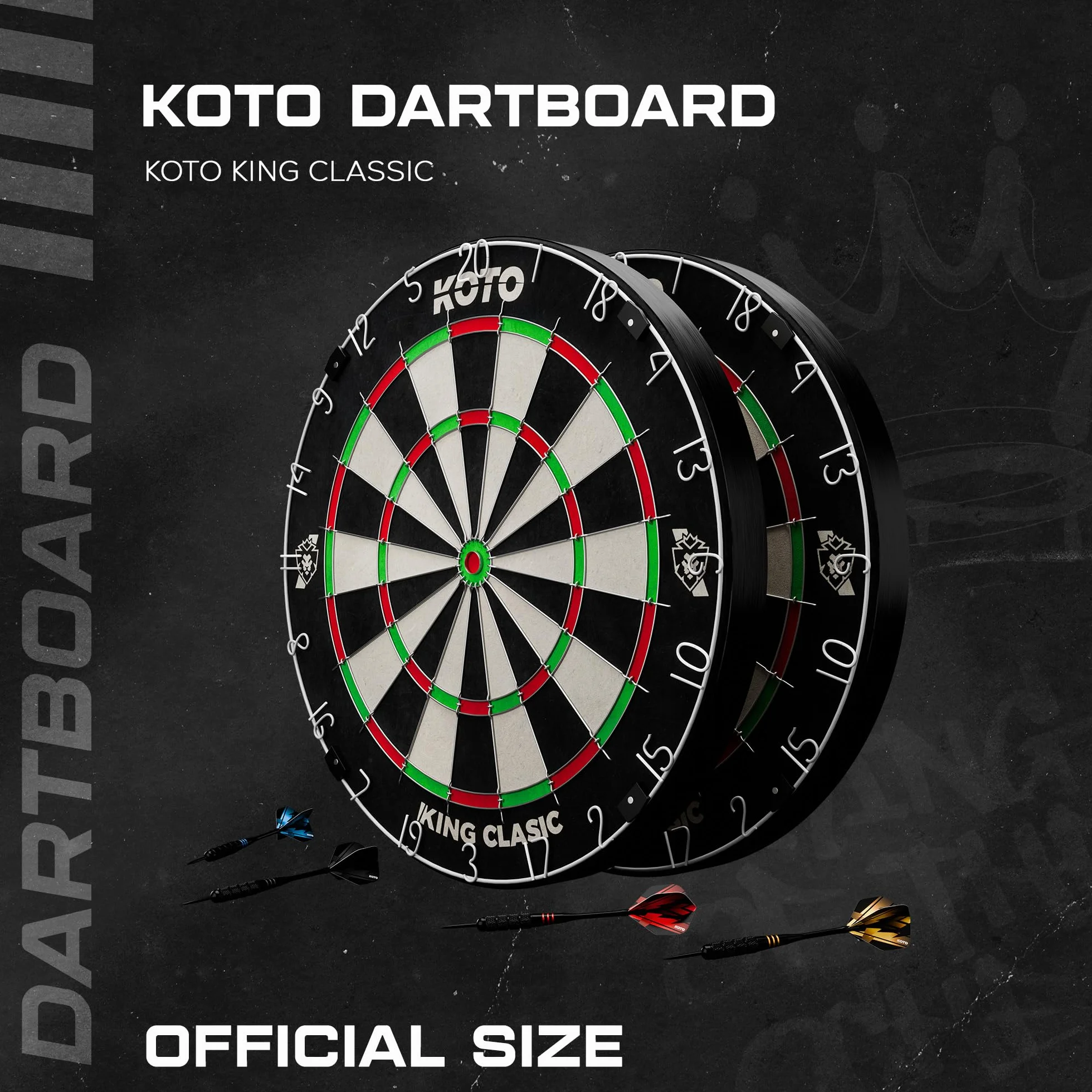 Tarcza KOTO King Classic Edition, zestaw darta bez zszywek, oficjalne wymiary turniejowe, cienkie okablowanie, pierścień z numeracją czerwonego, długa żywotność, wysokiej jakości sizal.