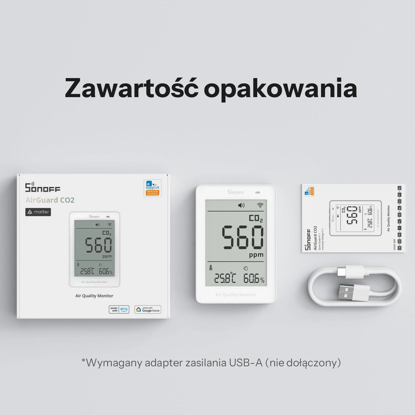 SONOFF AirGuard CO2, Inteligentny Monitor Jakości Powietrza, Zgodny z Matter, WiFi 2,4 GHz, Detektor CO2/Temp/Wilgotności, Wyświetlacz i Alarm w Czasie Rzeczywistym, do Sypialni/Pokoju Dziecięcego