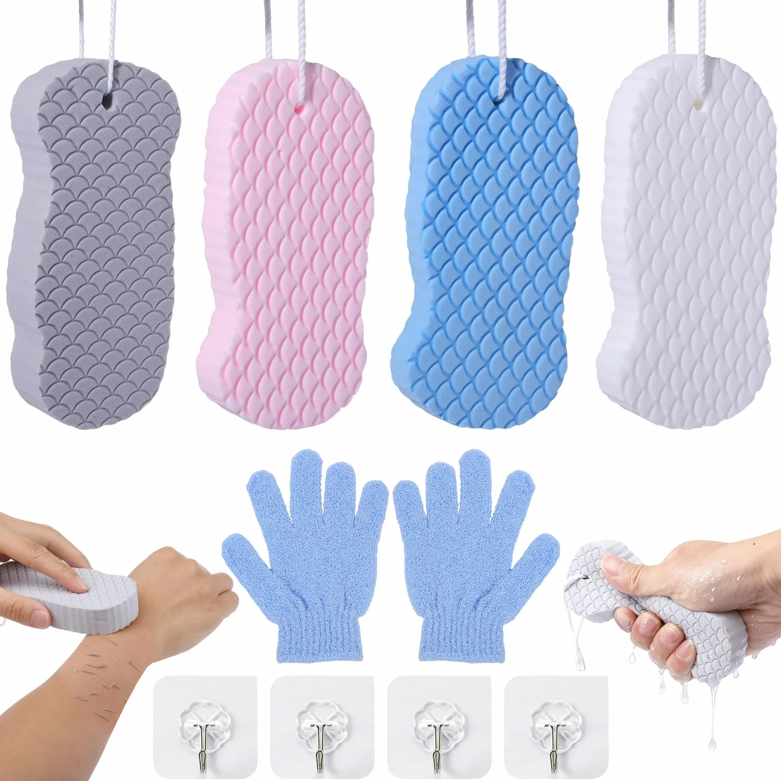 Gąbka do kąpieli peelingująca, 4 sztuki, ultra miękka gąbka do kąpieli, delikatny peeling, z rękawiczkami kąpielowymi i 4 haczykami, peeling wielokrotnego użytku, dla dorosłych, dzieci i kobiet