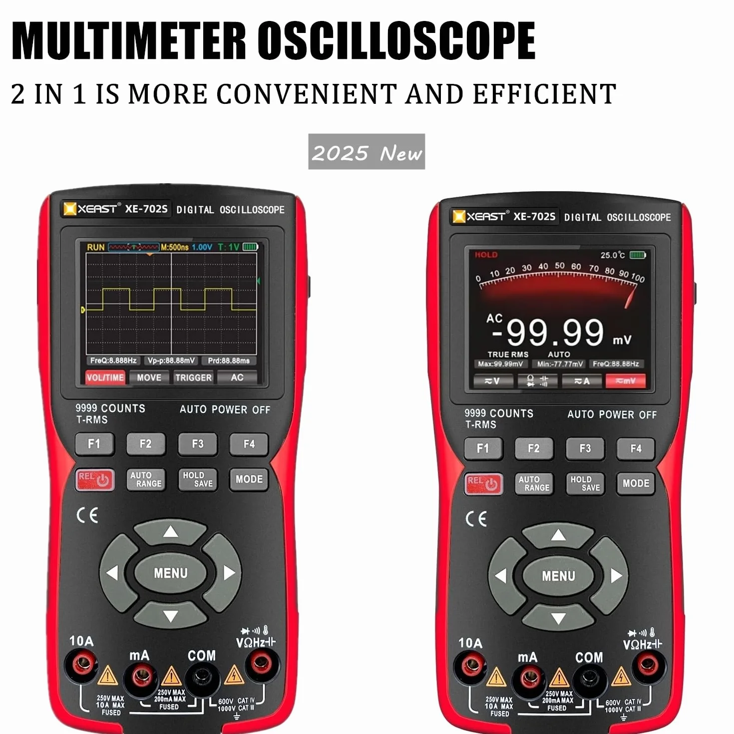 Ręczny oscyloskop, multimetr cyfrowy liczący 9999 z pirometrem z sondą K, szerokość pasma 10 MHz, próbkowanie 48 MSa/s, funkcja automatycznej kalibracji CC/AC