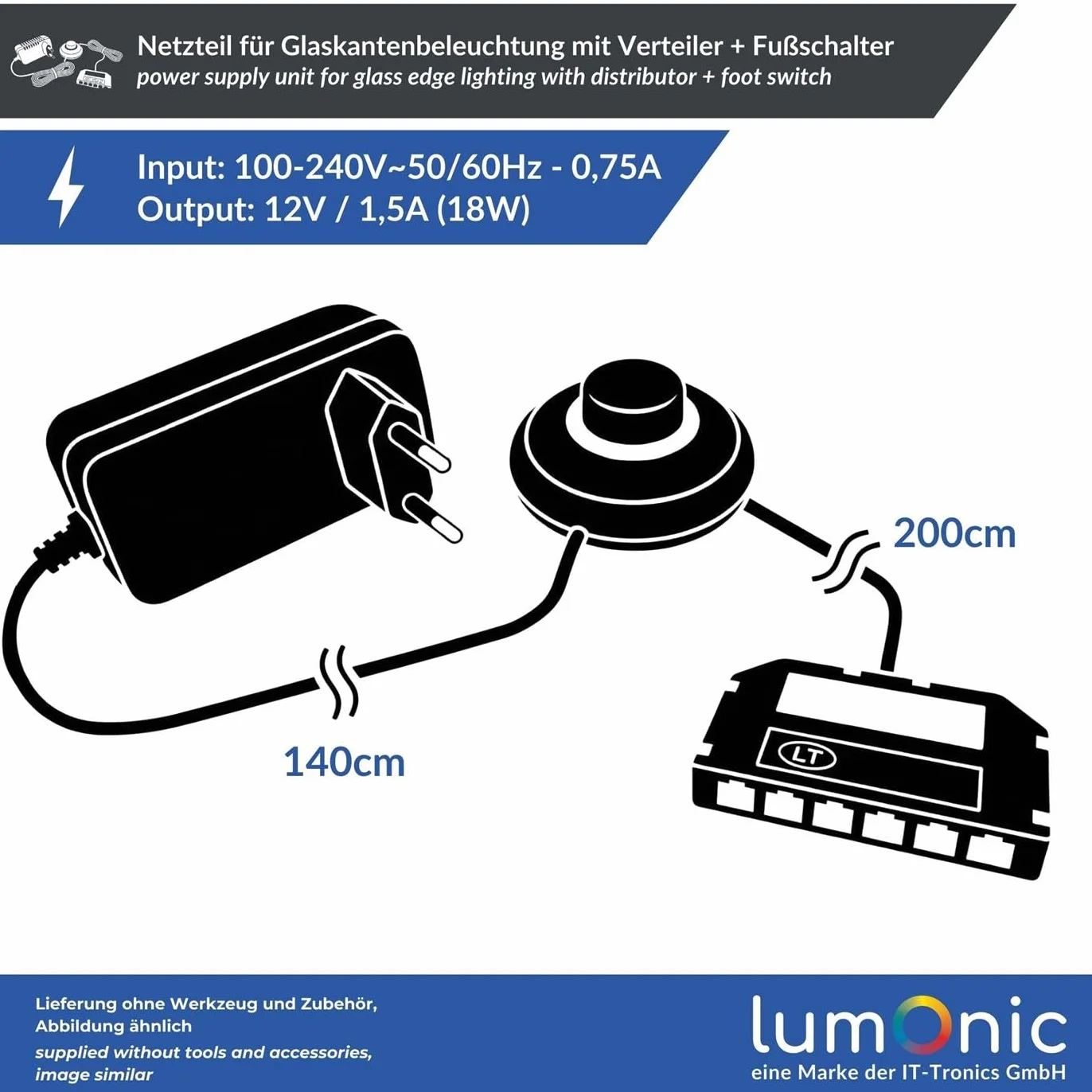 Lumonic Zasilacz LED 12V 18W 340cm Plug & Play z przelacznikiem noznym 6-droznym rozdzielaczem