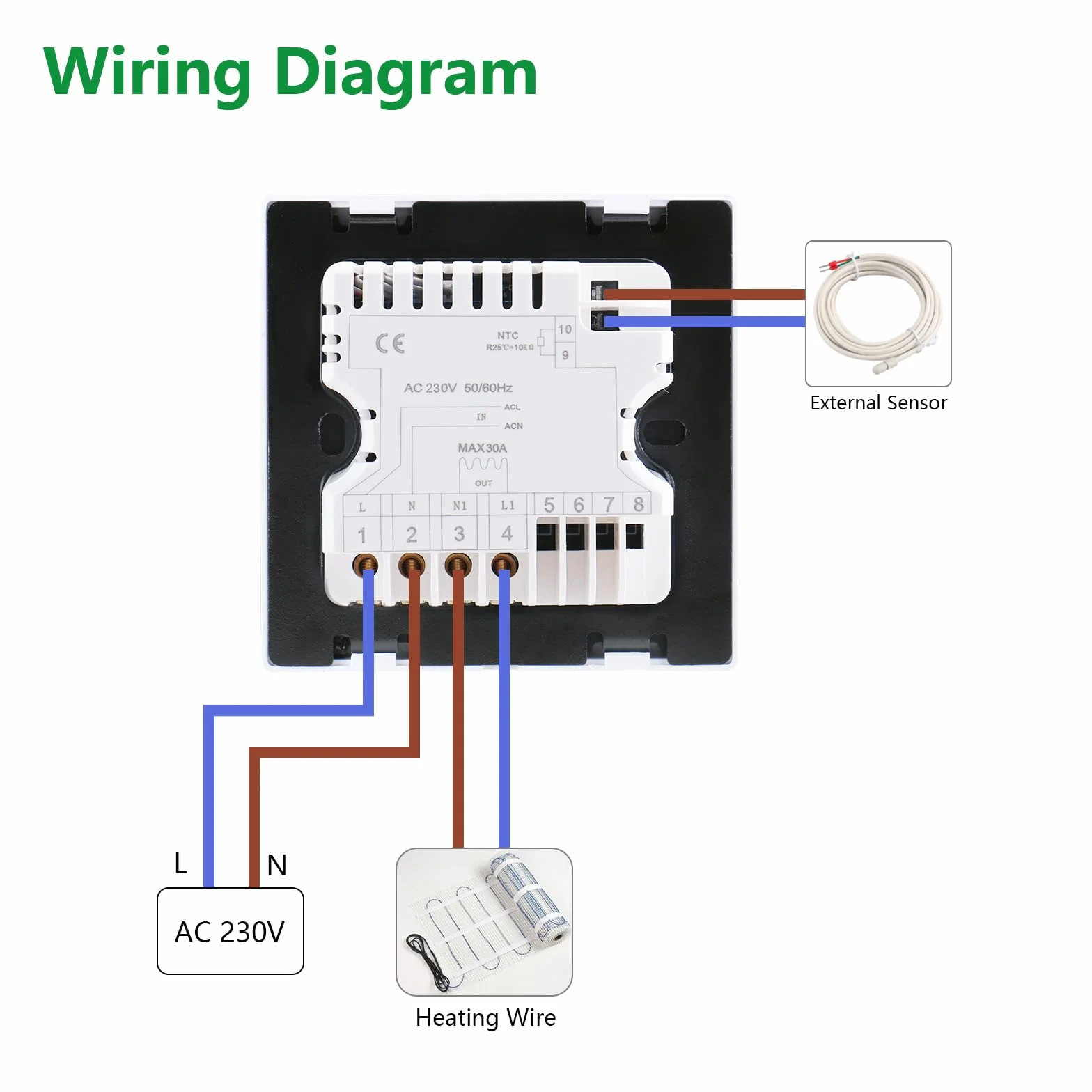 Wengart Inteligentny termostat WG502 AC230V 30A Elektryczny podgrzewacz podłogowy z czujnikiem 3m biały