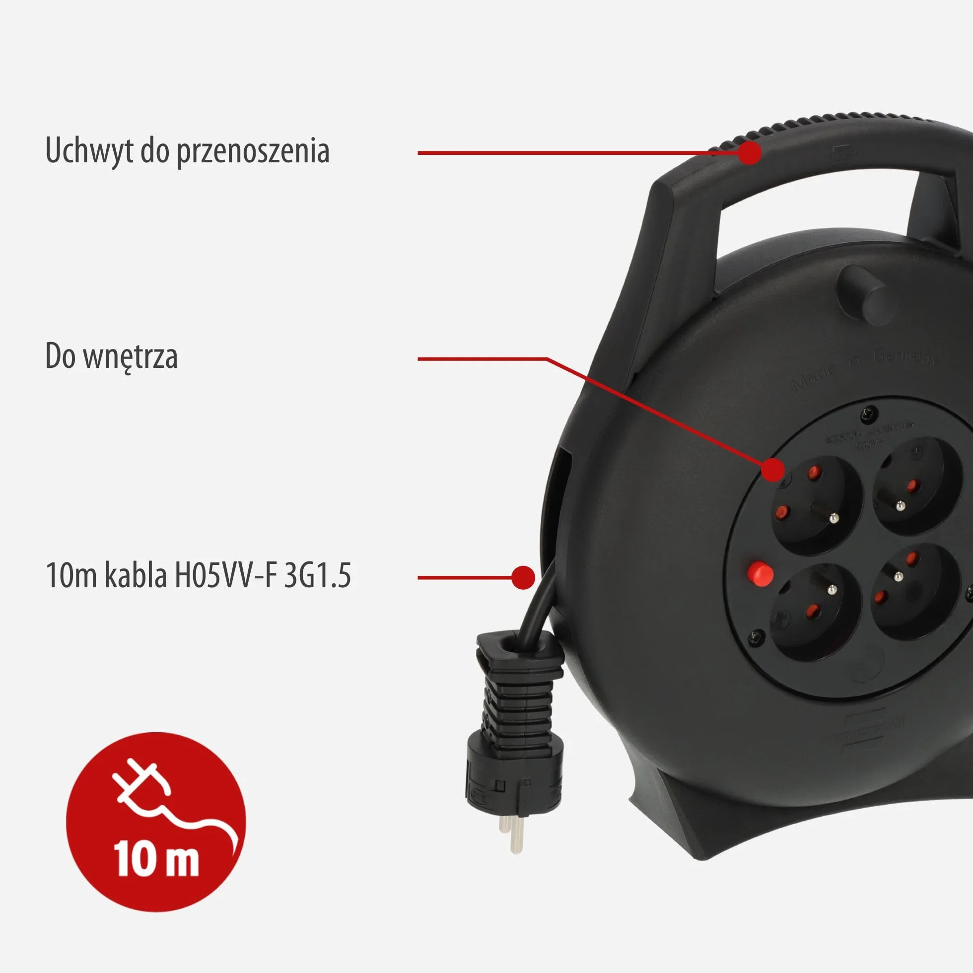 Brennenstuhl Vario Line przedłużacz bębnowy 10 m 4 gniazda czarny Made in Germany