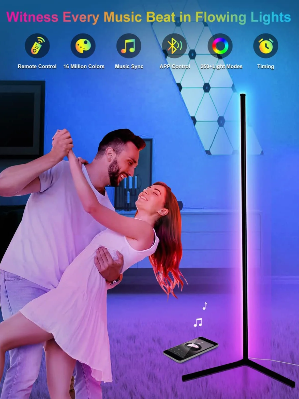 DeeprBling Lampa Podłogowa LED 165 cm ściemnialna RGB 16 Milionów Kolorów Synchronizacja Muzyki Timer