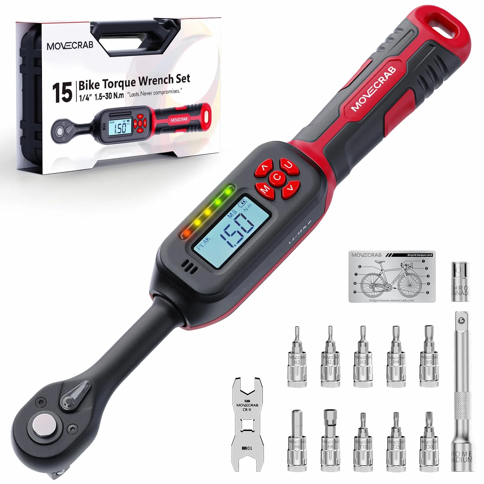 Cyfrowy klucz dynamometryczny 1/4" 1,5–30 Nm do rowerów MTB i szosowych 15 sztuk