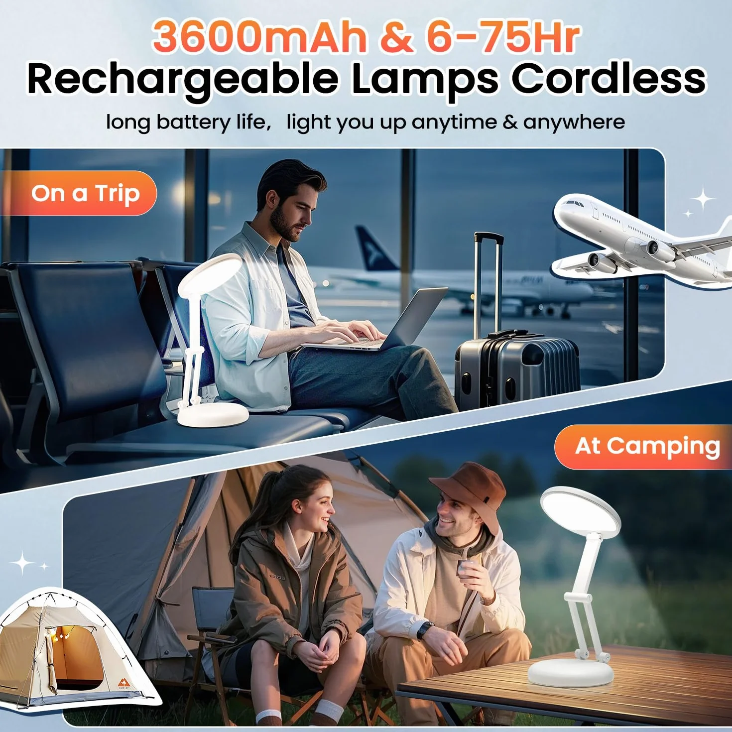 One Fire Lampa do ładowania, 3600 mAh i 120 h, ładowalna lampa stołowa, bezprzewodowa przenośna