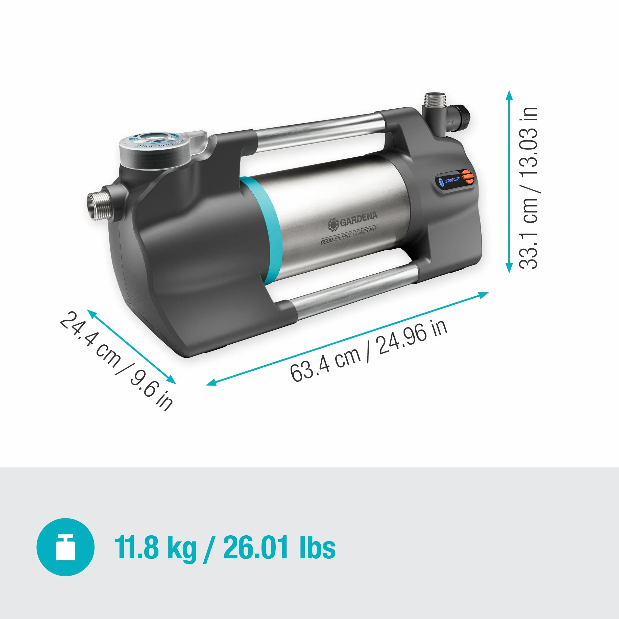 Gardena pompa ogrodowa 6500 SilentComfort: Cicha pompa nawadniająca sterowana przez aplikację, tłoczenie 6500 l/h, zabezp. przed pracą na sucho, stal nierdzew., energoosz. i wodoszcz. (9059-20)