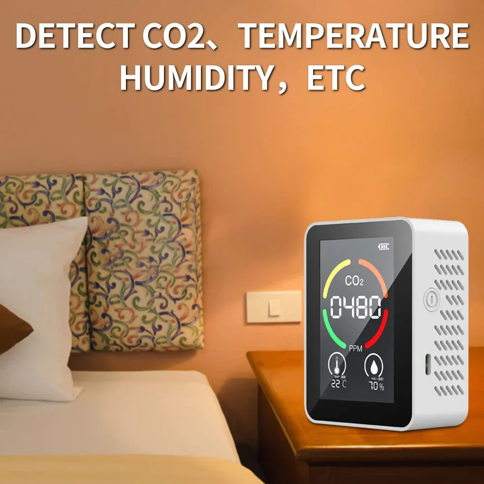 Detektor CO2, monitor CO2, monitor dwutlenku węgla, czujnik CO2, cyfrowa ładowarka USB, czujnik jakości powietrza, czujnik wilgotności powietrza, do domu, biura, na siłownię, do samochodu, biały