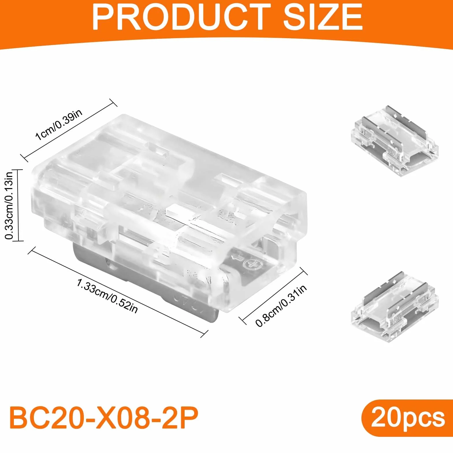 Złącze LED 8 mm 2-biegunowe COB/SMD 2 piny bezlutownicze 20 sztuk
