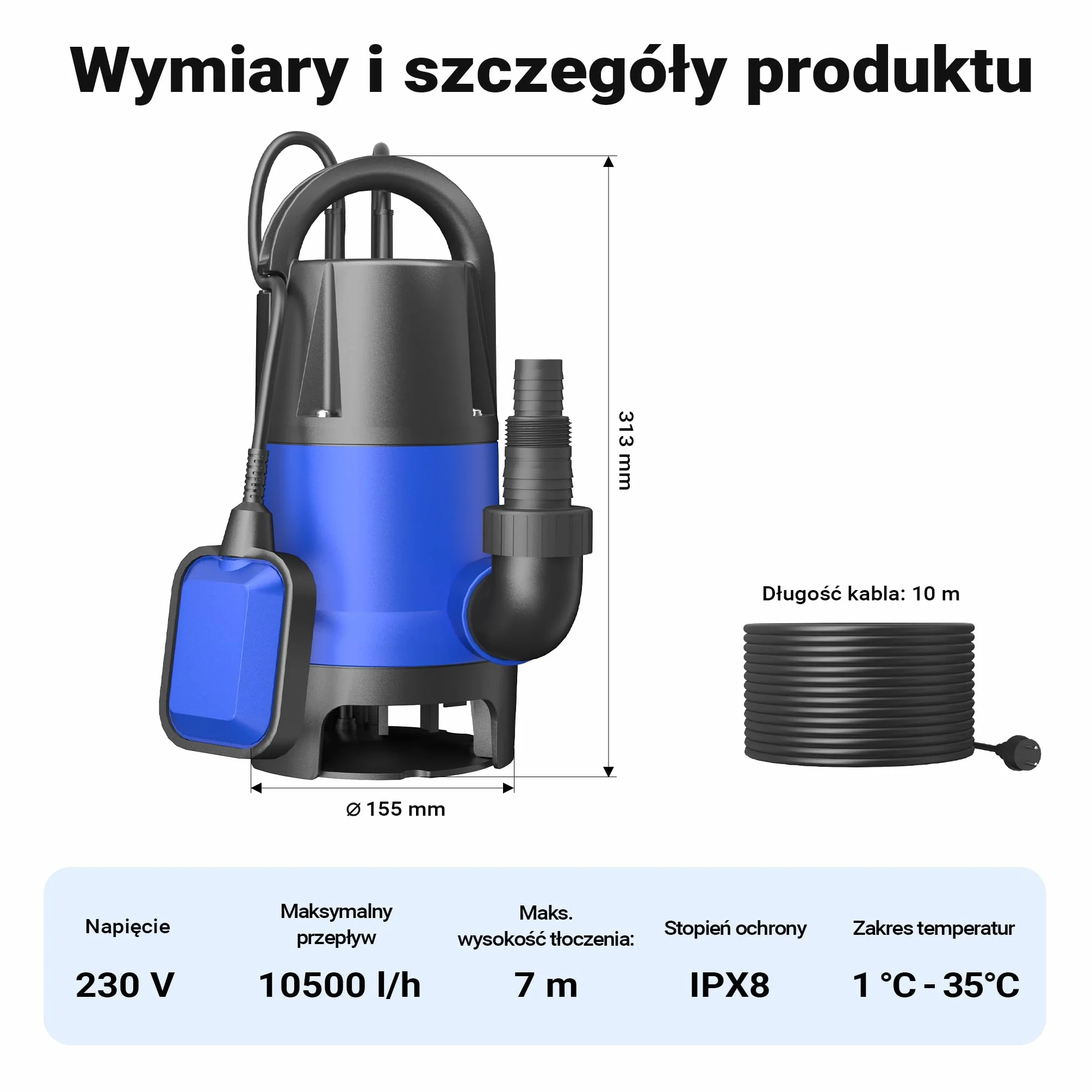 Pompa zanurzeniowa do brudnej wody 550 W 10500 l/h pompa głębinowa ogrodowa do studni