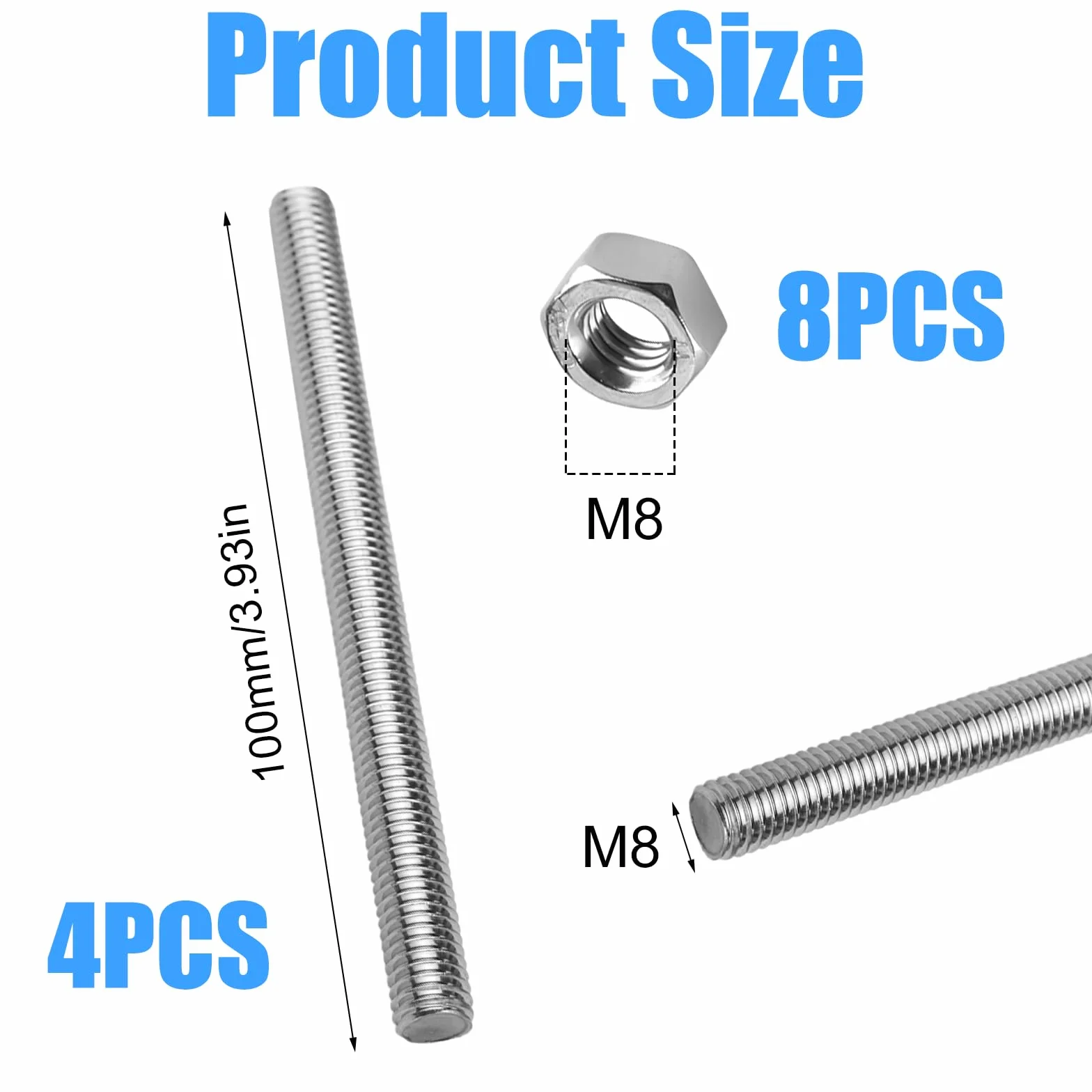 Zestaw 4 prętów gwintowanych M8 × 100 mm stal nierdzewna 304 z 8 nakrętkami sześciokątnymi do budowy mebli
