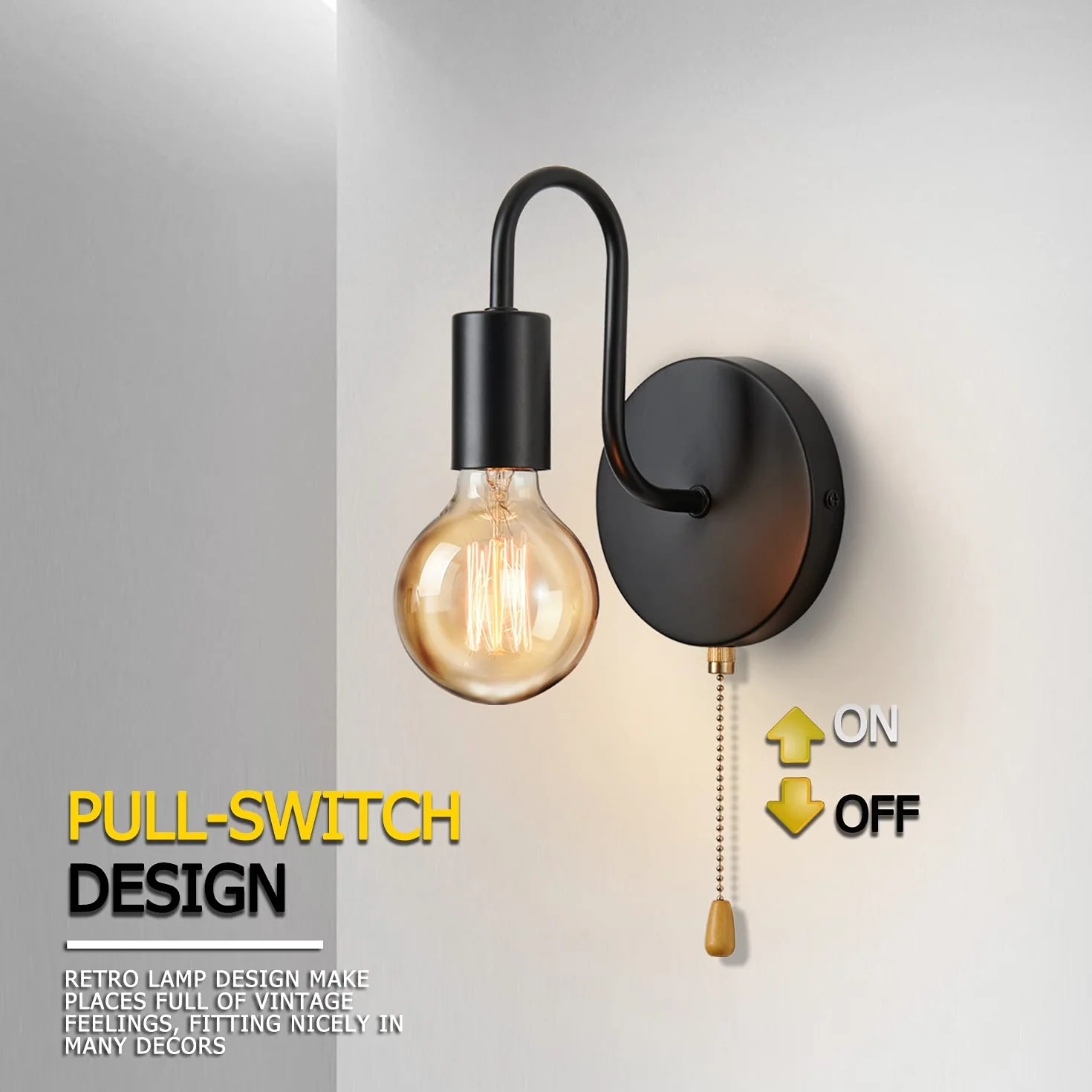 Lightess Lampa ścienna vintage E27 czarna metalowa industrialna retro z przełącznikiem