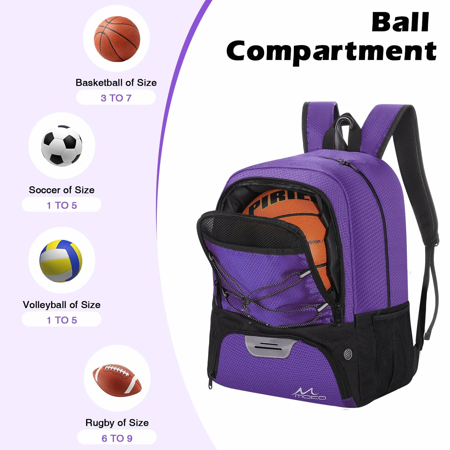 MoKo Basketball Bag Backpack, Soccer Backpack for Men & Women with Separate Ball and Shoes Compartments, Water-Resistant, Fence Hook, Sports Bag for Clothes, Shoes, Tablets, Laptops, Purple