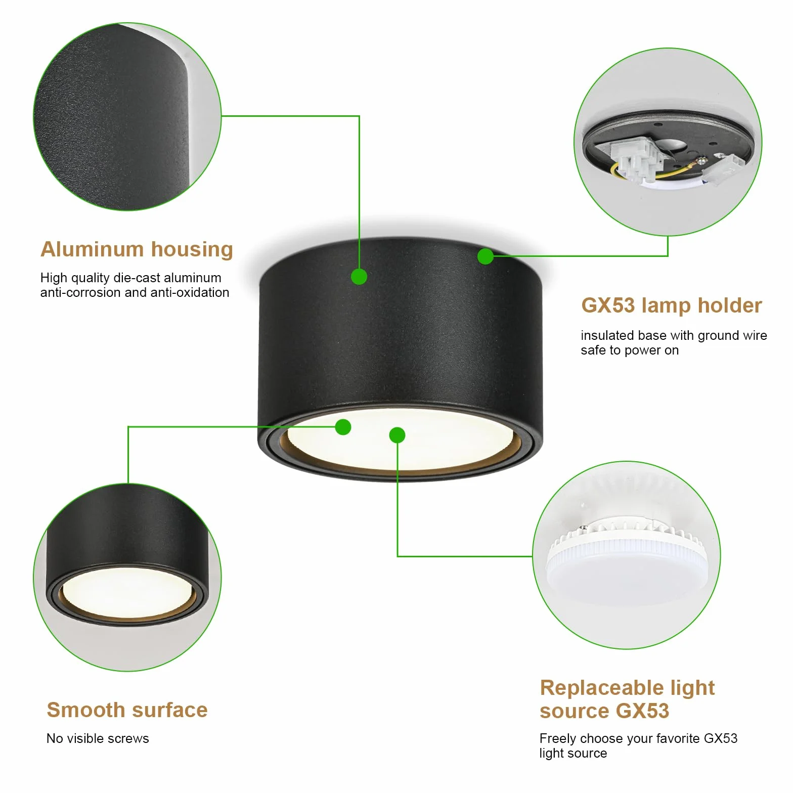KYOTECH Lampa natynkowa LED czarna – reflektor podtynkowy płaski z 6 W LED GX53 230 V reflektor do zabudowy ciepła biel 3000 K spoty sufitowe natynkowe Ø 95 x 55 mm okrągła lampa sufitowa z aluminium