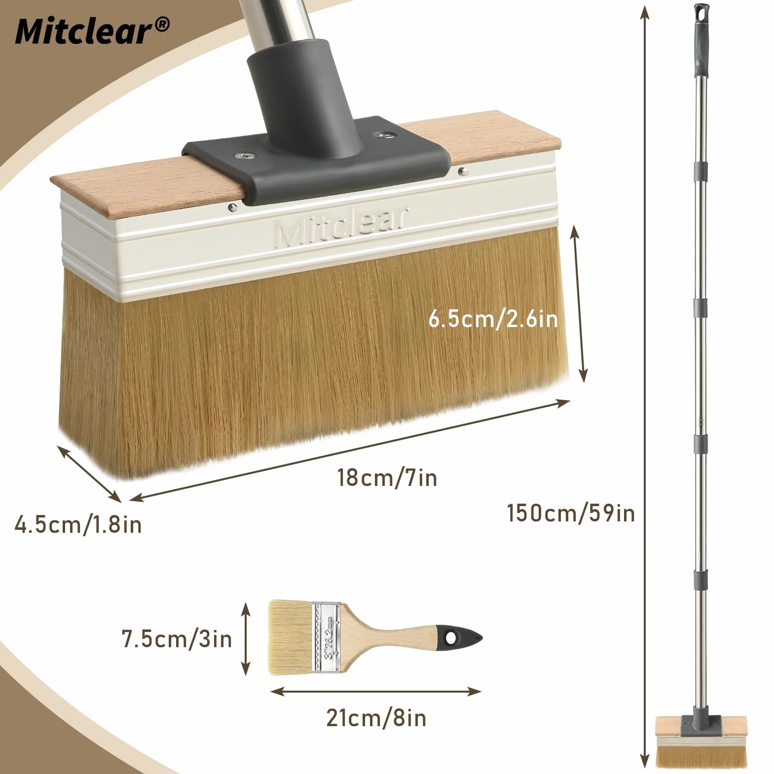 Mitclear Pędzle do Malowania z Długą Rączką 150cm, Płaski Pędzel 18cm do Lazury i Lakieru