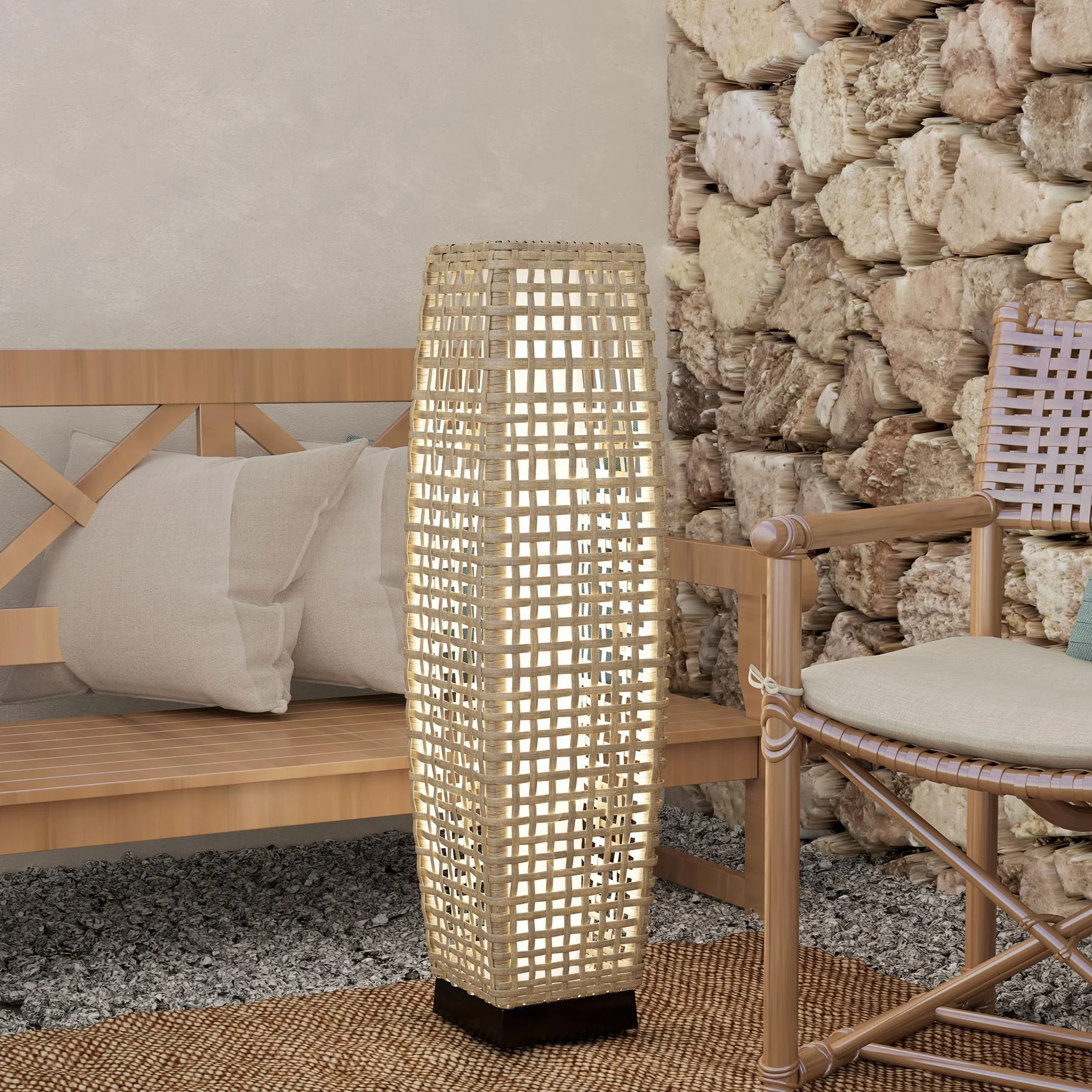 Outsunny Solar Stojąca Lampa Rattanowa z Czujnikiem Światła LED, Wodoodporna IP44, Styl Boho