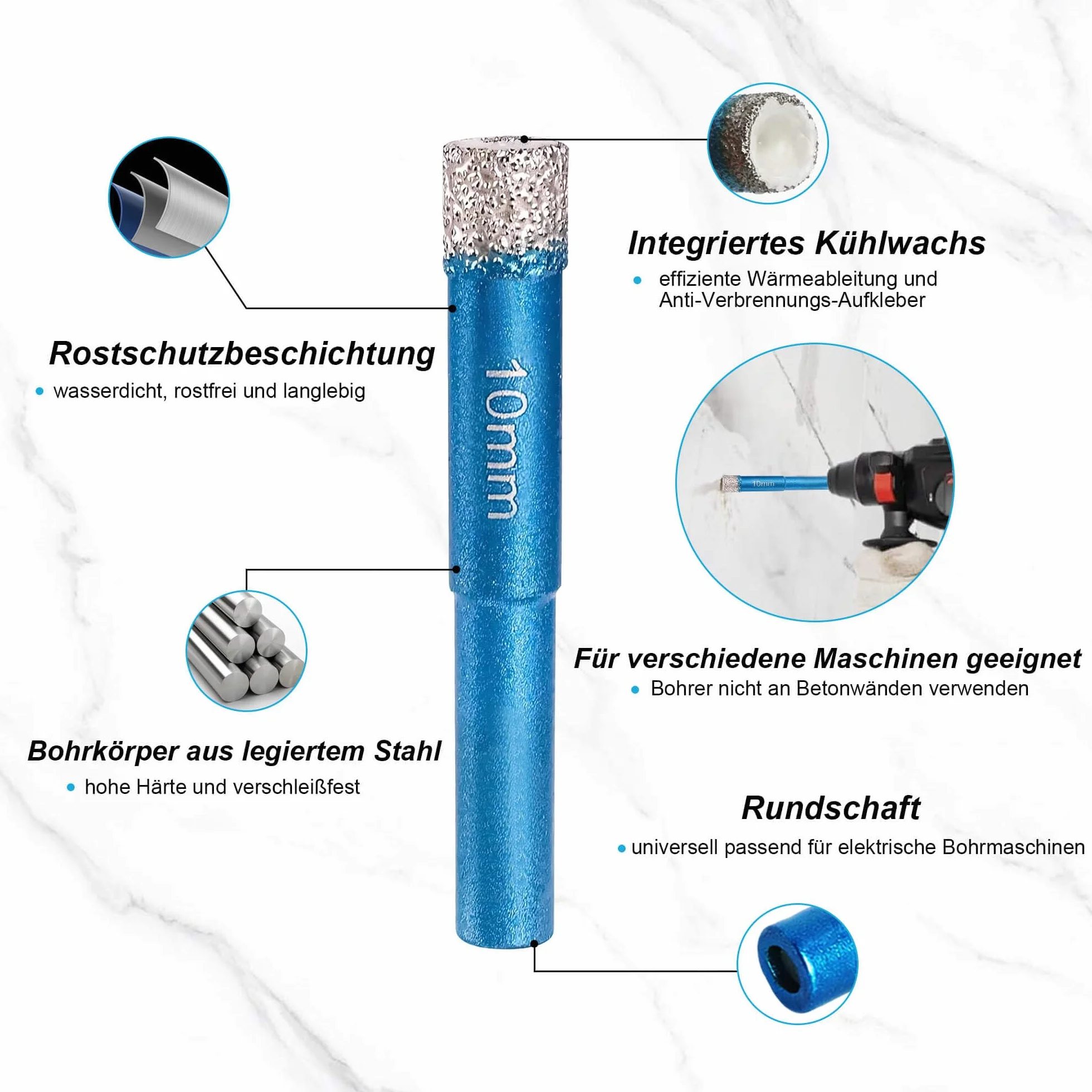 Zestaw 8 wierteł diamentowych do płytek Ø 5-14 mm z wiertłem pozycjonującym 6 mm