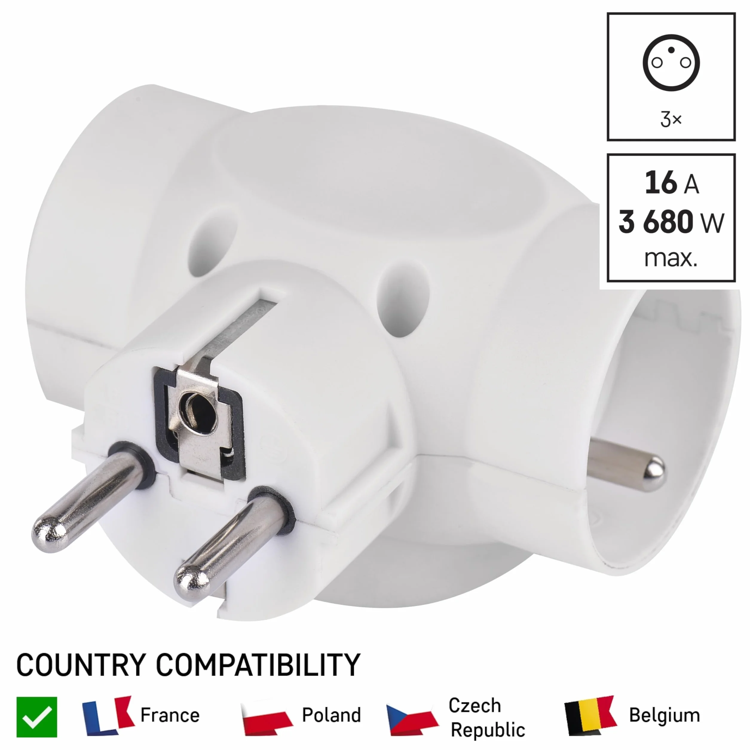 EMOS 3-drożne gniazdo z ulepszoną ochroną przed dotykiem 3x adapter gniazda francuskiego IP20 250V 16A 3680W biały