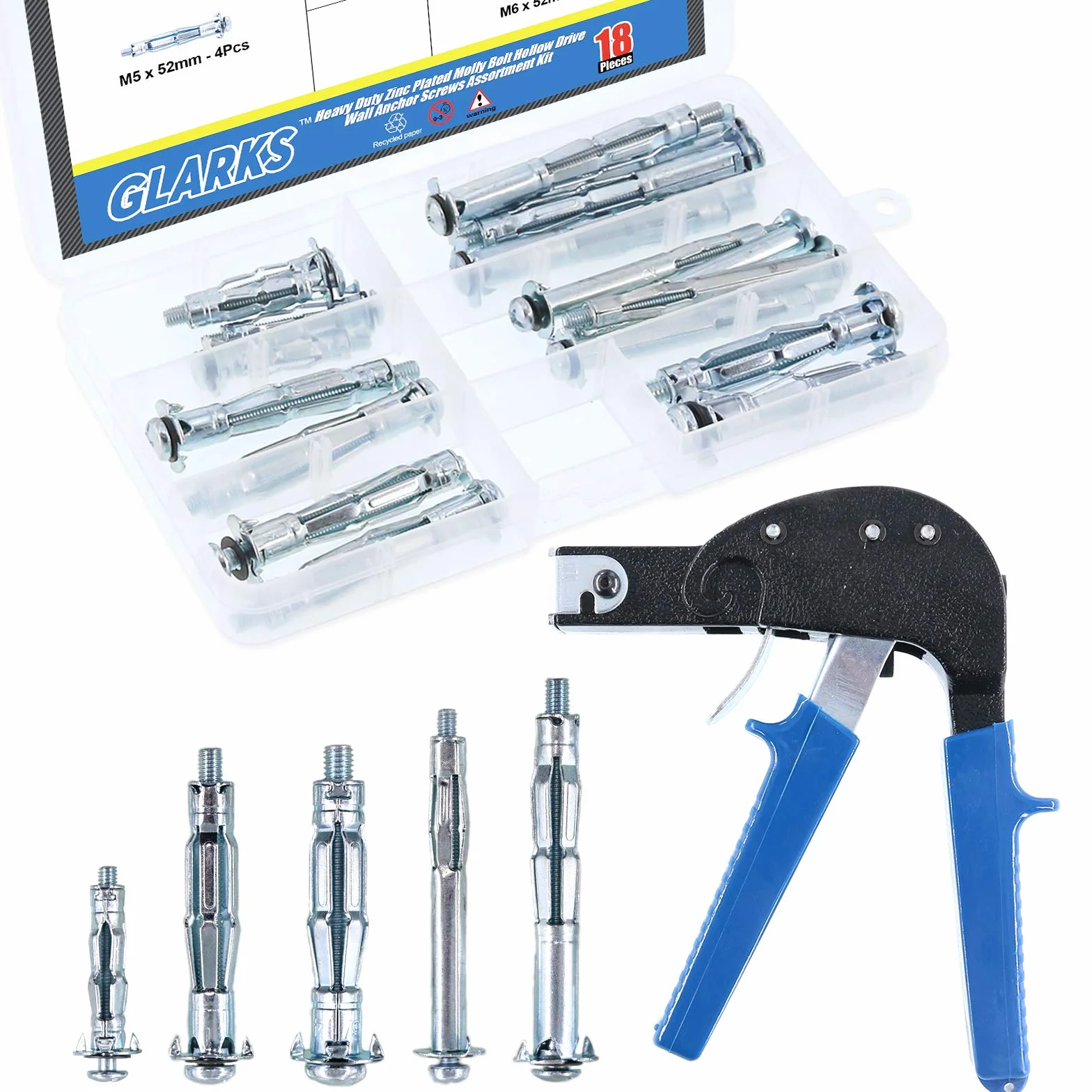 GLARKS GLLAZX-9 Heavy Duty Gun Kotwica ścienna metalowe narzędzie do ustawiania z bolcem Molly Hollow Drive śruby kotwiące ścienne zestaw asortymentowy do mocowania płyt gipsowo-kartonowych