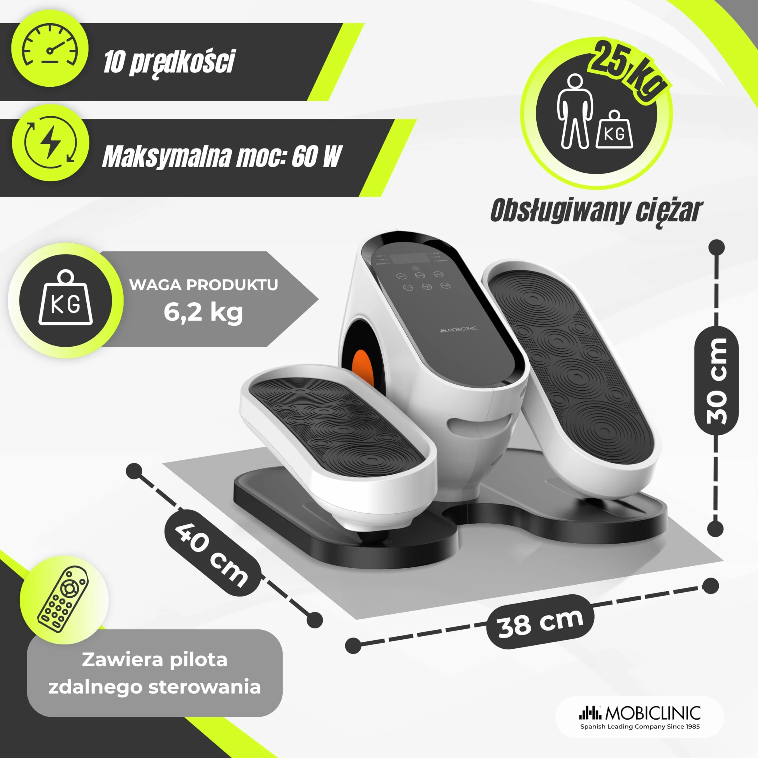 Mobiclinic®, Mini elektryczny Orbitrek, Tryb Manualny i Automatyczny, Wyświetlacz LED, Pilot Zdalnego Sterowania, 10 Prędkości, Pedałowanie Dwukierunkowe, Antypoślizgowy, do Domu i Biura, Mobidal