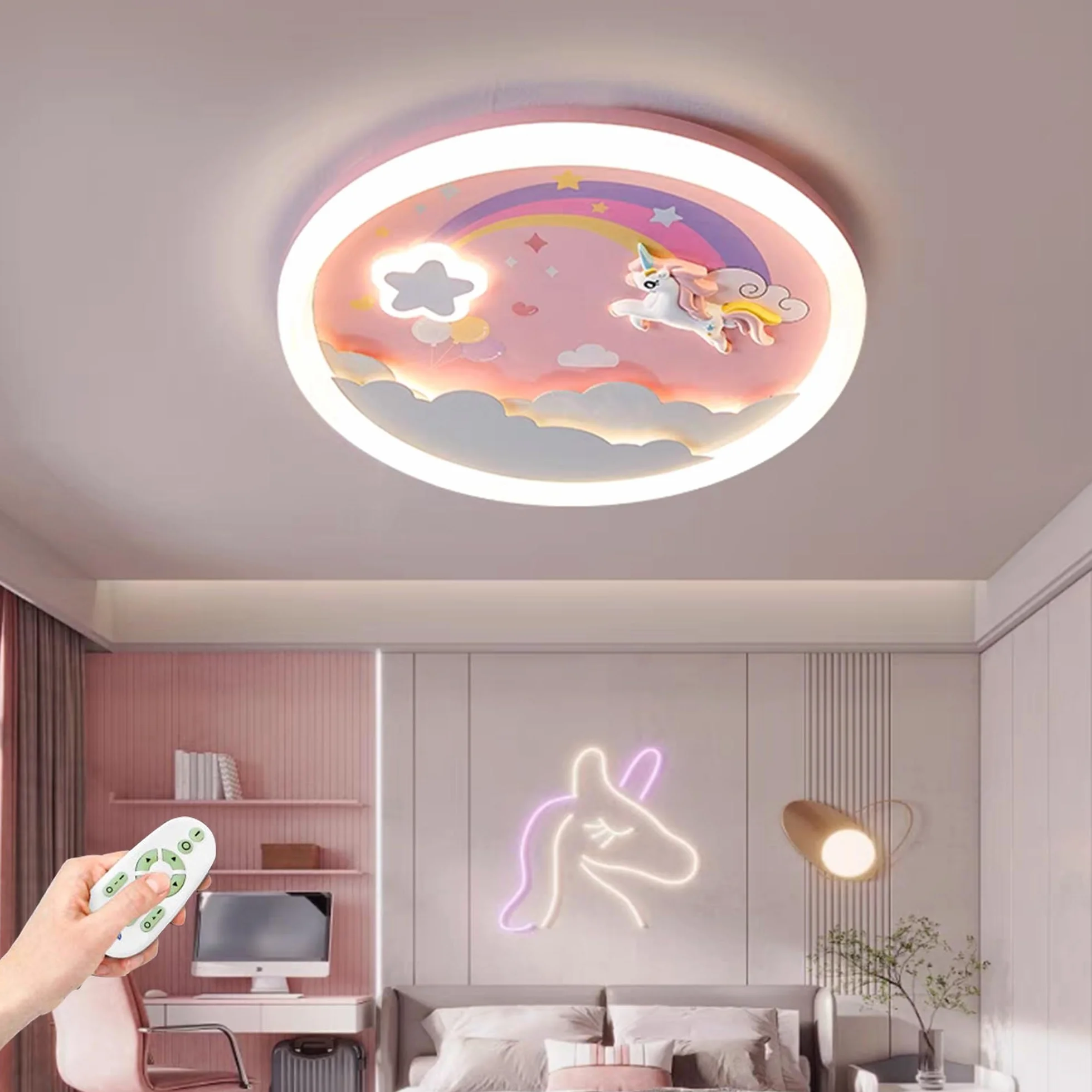 Lampa sufitowa LED Różowa lampa sufitowa Nowoczesna ściemnialna z pilotem Lampa sufitowa Jednorożec 70W Nadaje się do salonu Sypialnia Pokój dziecięcy Okrągłe oświetlenie