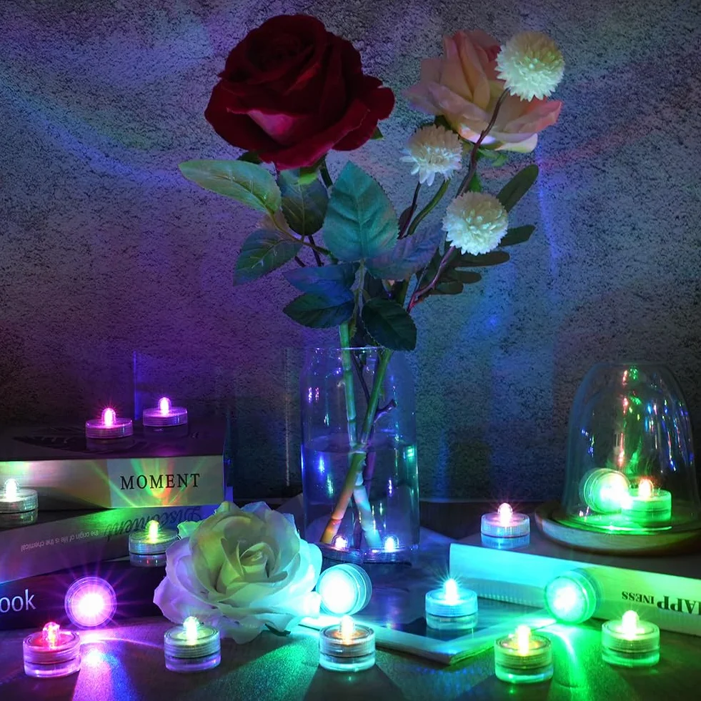 Zatapialne mini lampki LED, 12 sztuk mini świec zatapialnych LED, wodoszczelność IP68, możliwość wymiany wielu kolorów, wodoszczelność na baterie, do stawu, na imprezę, wesele, basen, do ogrodu