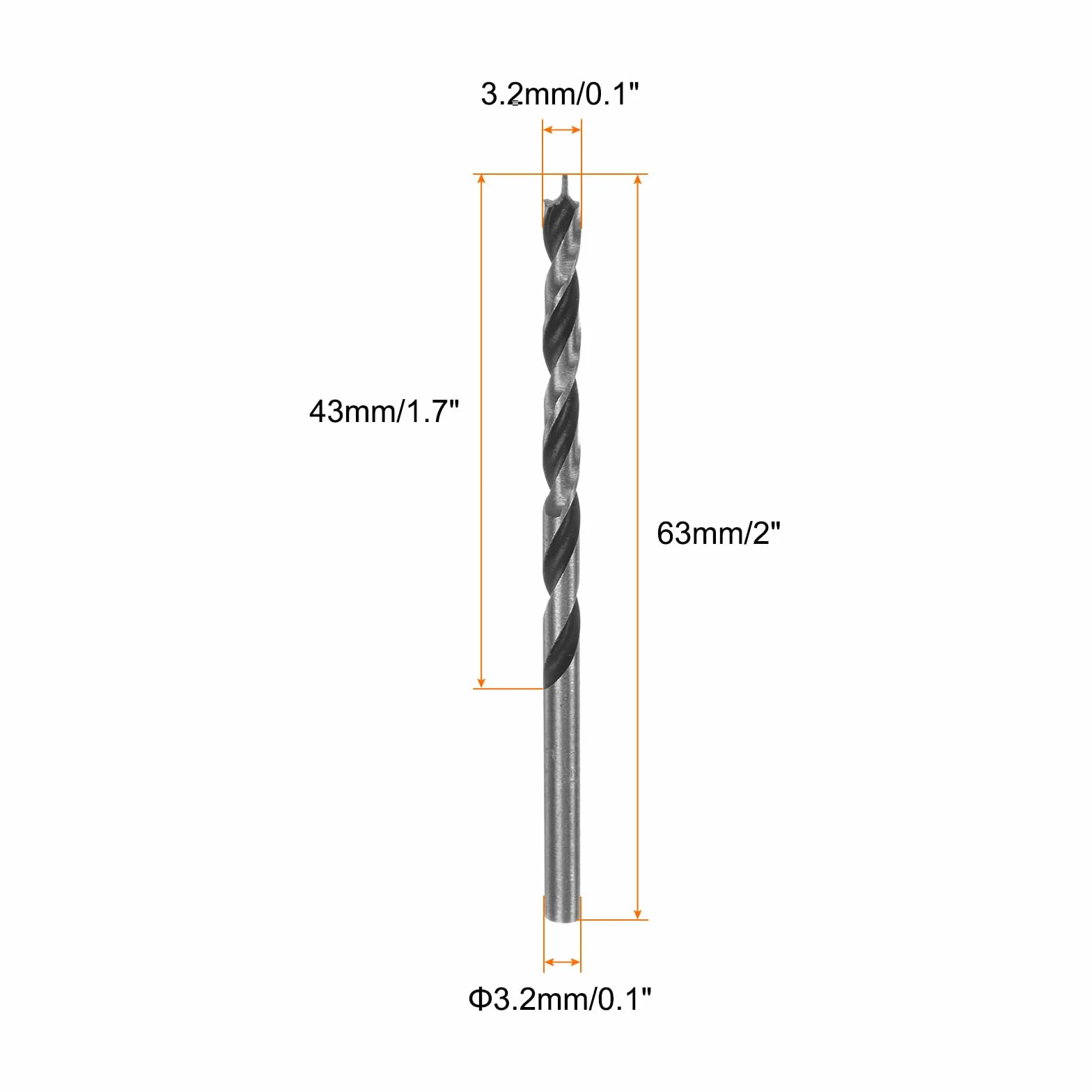 QUARKZMAN wiertła Brad Point 3,2 mm (8/64") prosta końcówka okrągły trzpień metryczny 1,7" głębokość wiercenia spirala do drewna plastiku gumy