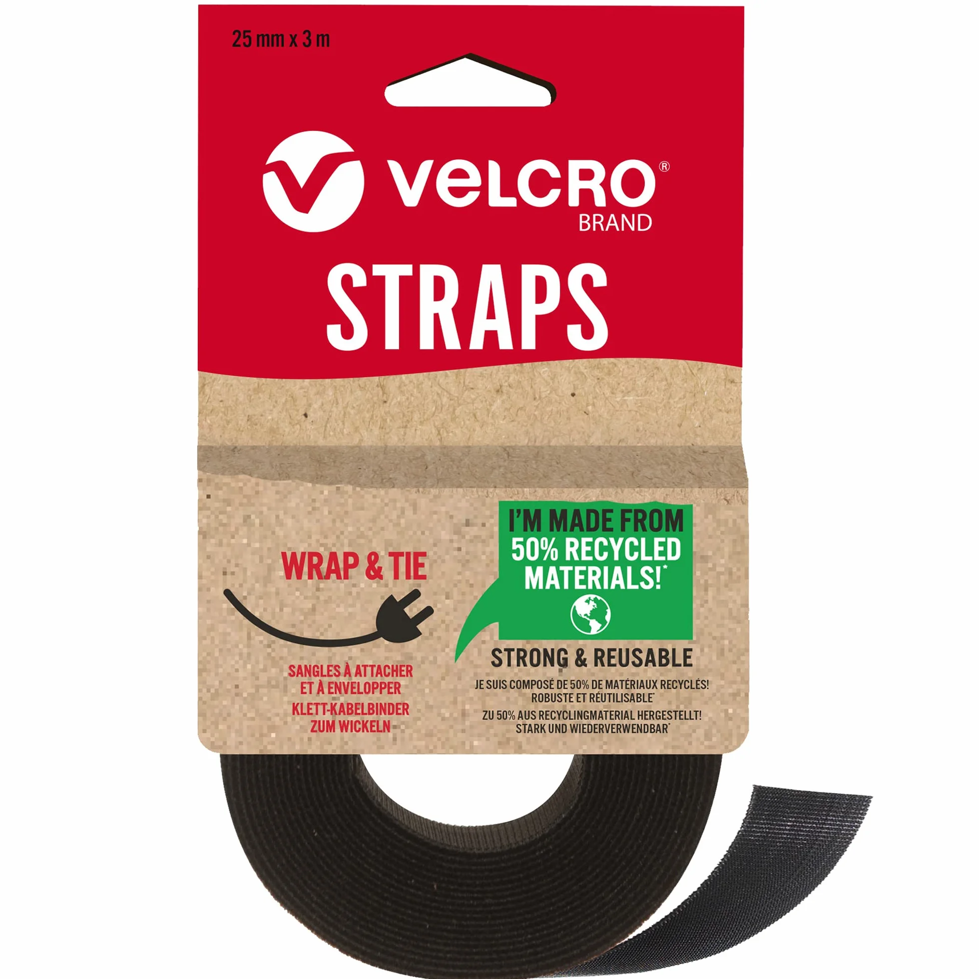 VELCRO® Marka | Paski wielokrotnego użytku Eco One-Wrap | Wielokrotnego użytku, elastyczne i wszechstronne paski uniwersalne do majsterkowania w domu, czarne, 25 mm x 3 m
