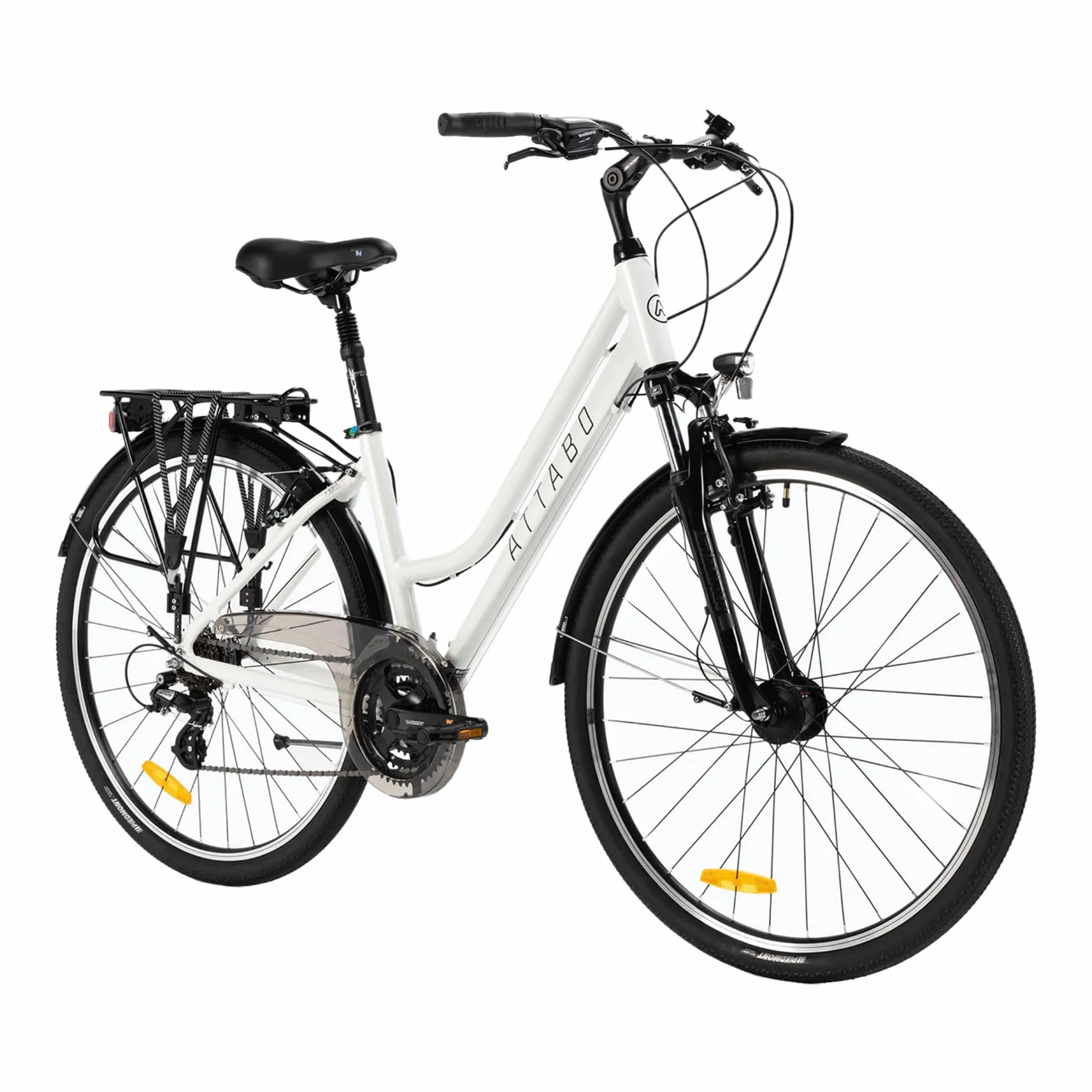 ATTABO Rower trekkingowy damski z ramą 17"-19", ergonomiczna kierownica, hamulce V-Brake, wytrzymały, biały rower z kołami 28", z niskim bagażnikiem, dzwonek rowerowy i odblaskami