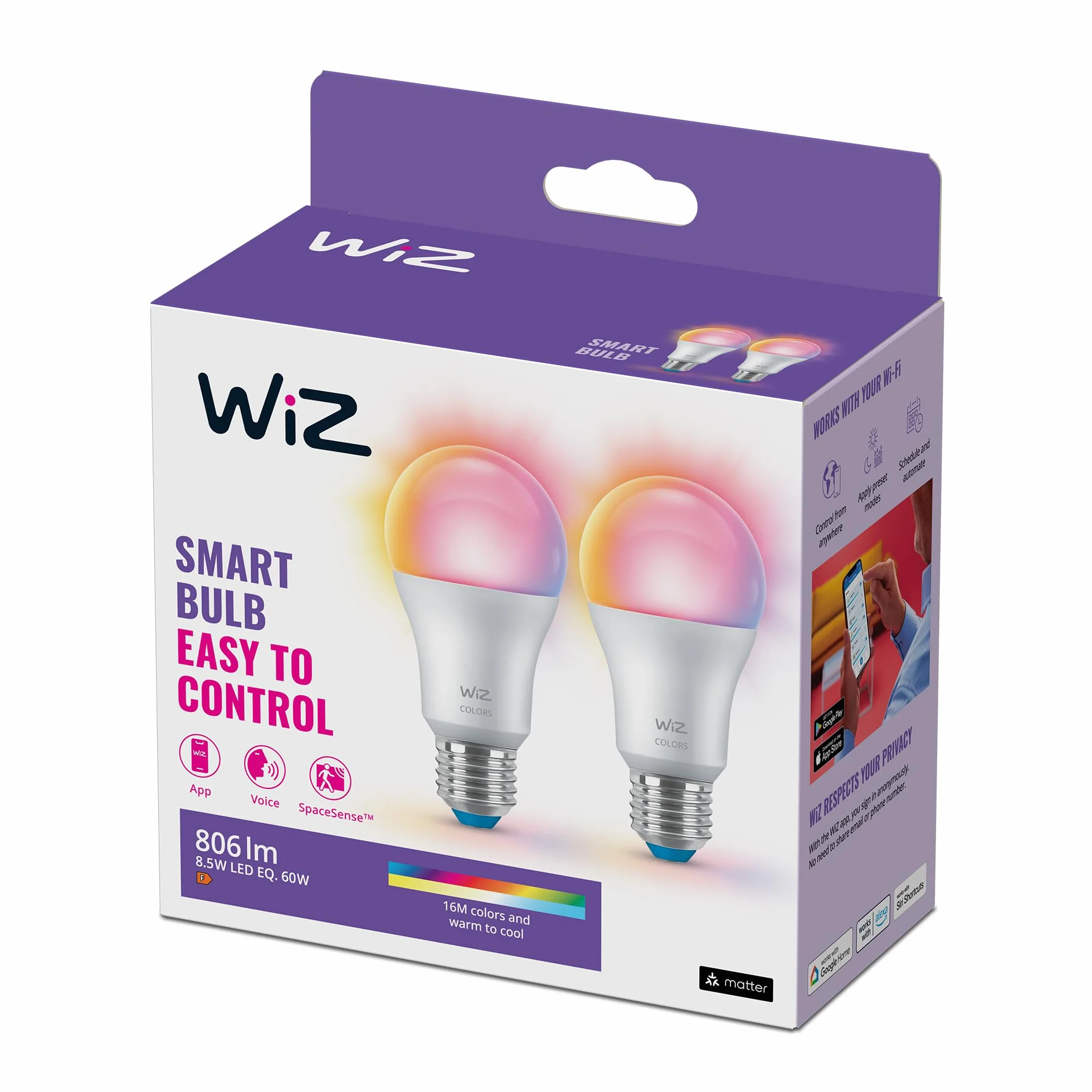WiZ Wi-Fi BLE 60W A60 E27 822-65 RGB 2PF/6