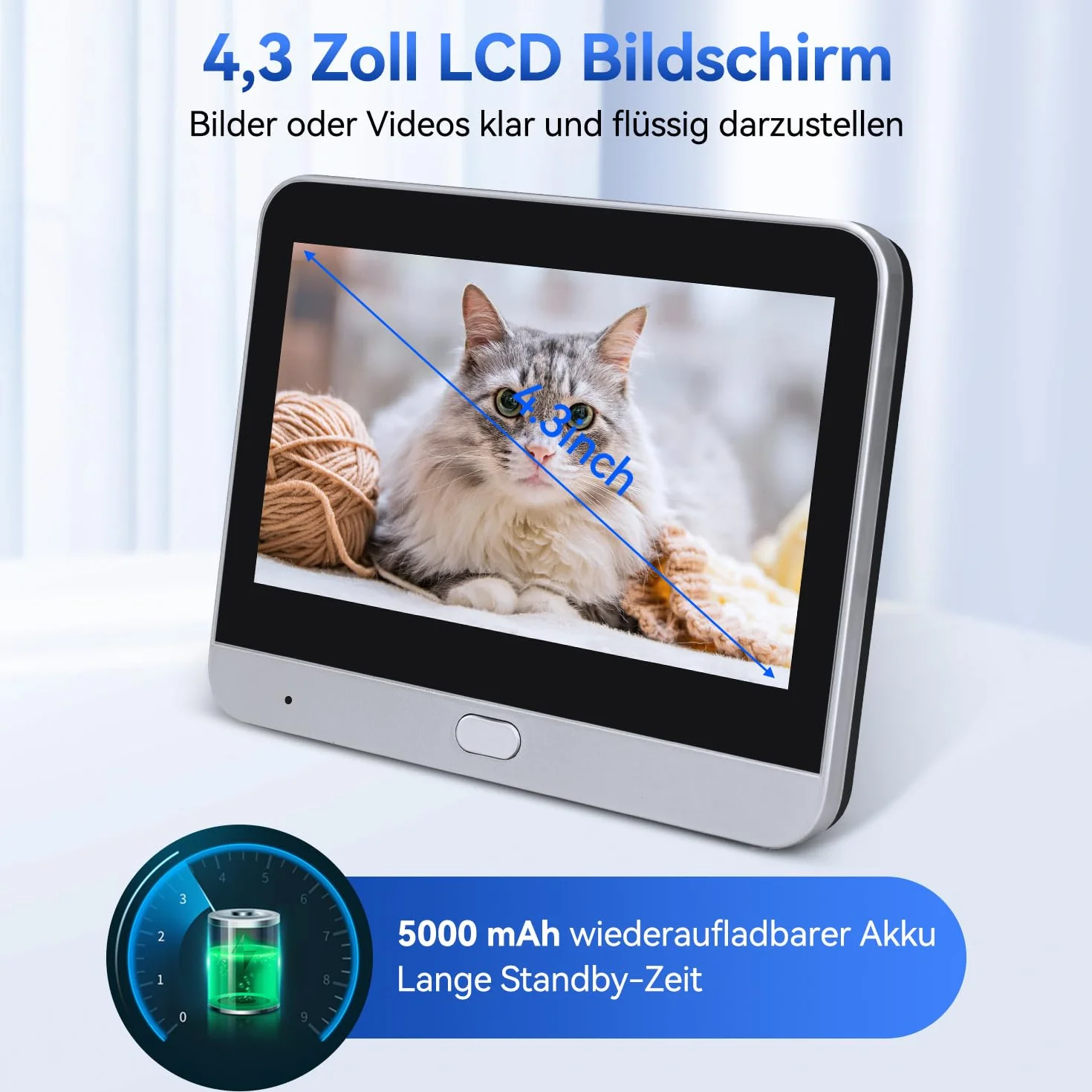Wizjer do drzwi z kolorowym ekranem o przekątnej 4,3 cala, kamera wizjerska z szerokim kątem 120° i czujnikiem PIR, akumulator 5000 mAh, dwukierunkowe rozmowy wideo i widok na żywo, 2,4 GHz