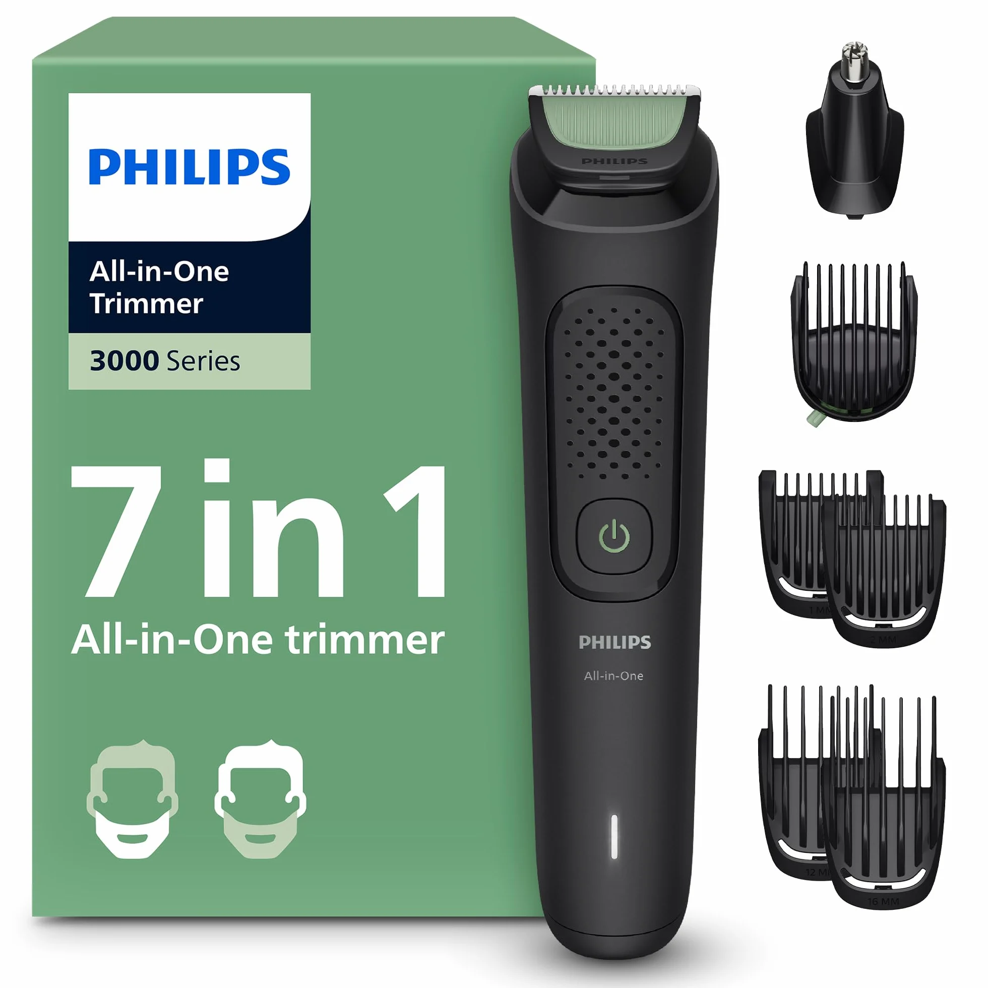 Philips Multigroom All-in-One z serii 3000 – 7-elementowy trymer do twarzy i głowy, samoostrzące się, przyjazne dla skóry ostrza, 10 ustawień długości, model MG3930/15